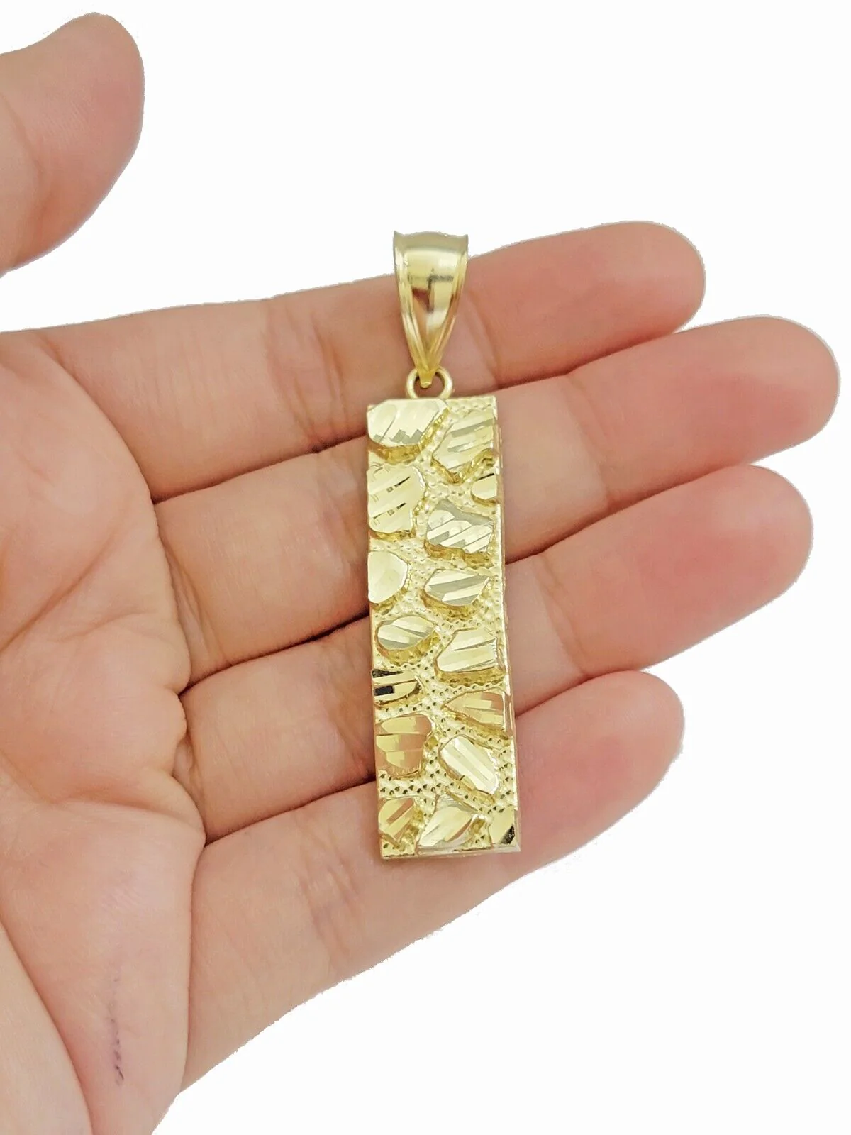 10k Yellow Gold Nugget Bar Charm Pendant 1'' Inch Necklace Chain Real 10kt