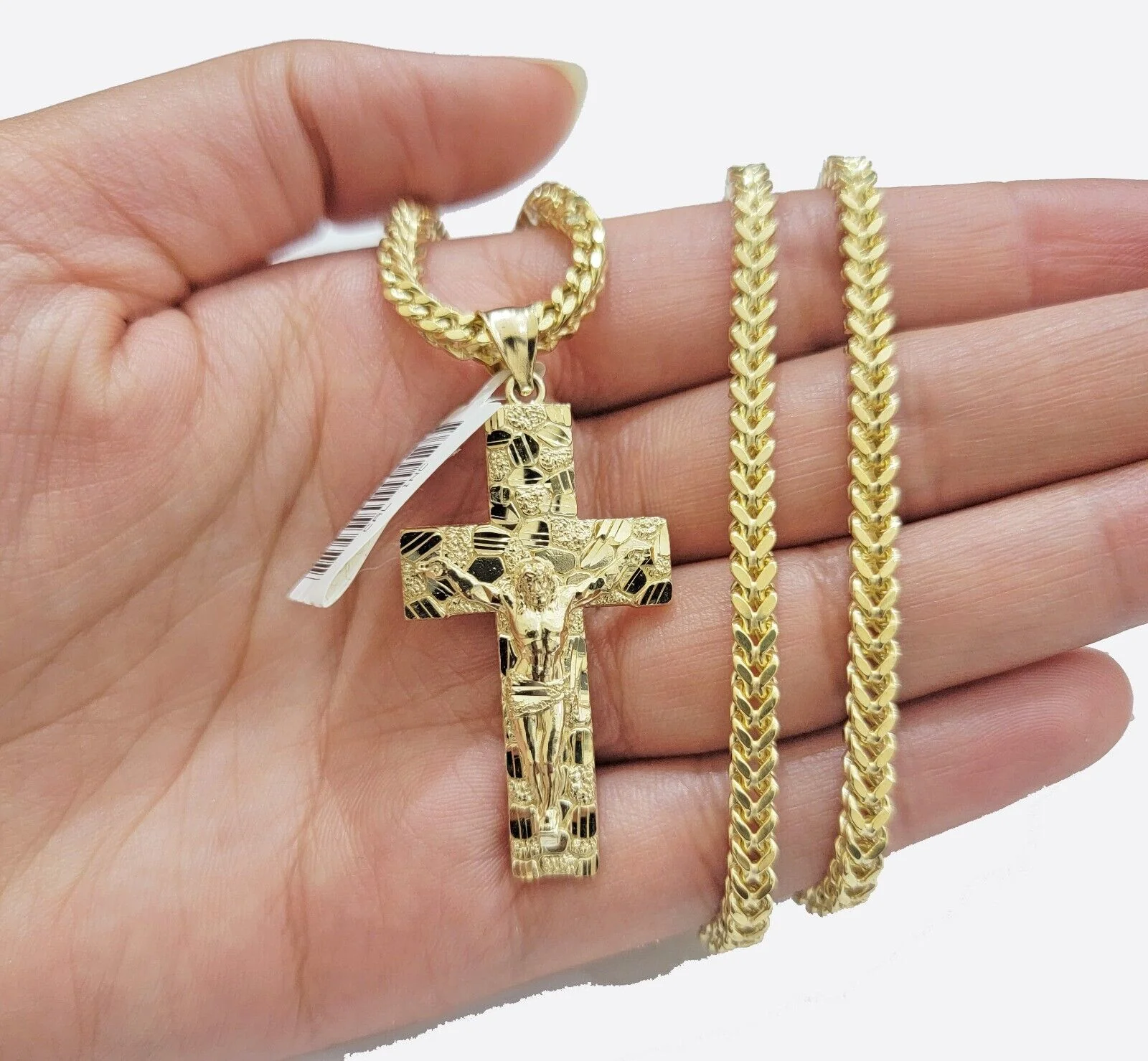 10k Yellow Gold Nugget Charm & Franco Chain Necklace 3mm 24" Inch Real 10KT SET - Image 3