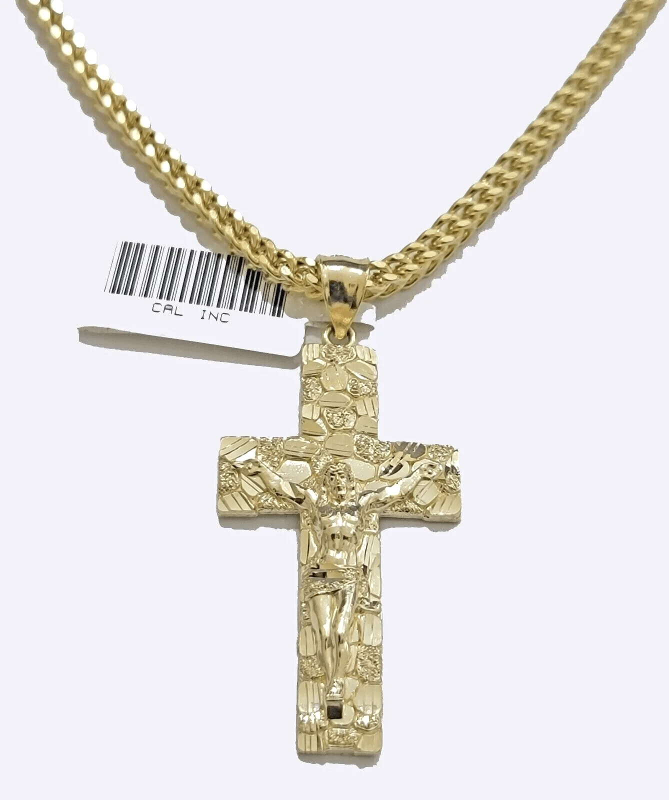 10k Yellow Gold Nugget Jesus Cross Charm Pendant 2'' inches Real 10kt Chain - Image 5