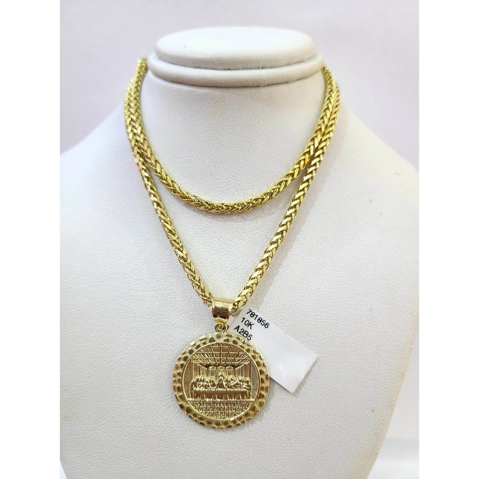 10k Yellow Gold Palm Chain Nugget Last Supper Pendant Charm 3mm SET Necklace - Image 5