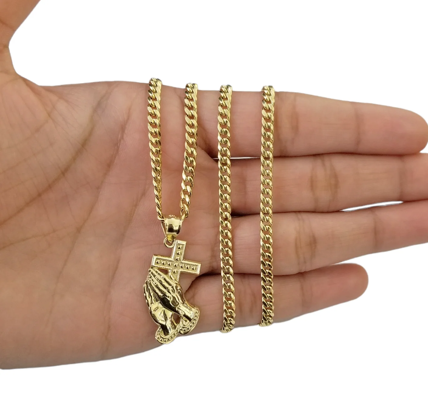 10K Yellow Gold Praying Hand Cross Pendant Charm 4mm Cuban Link Chain 26" Inch - Image 3