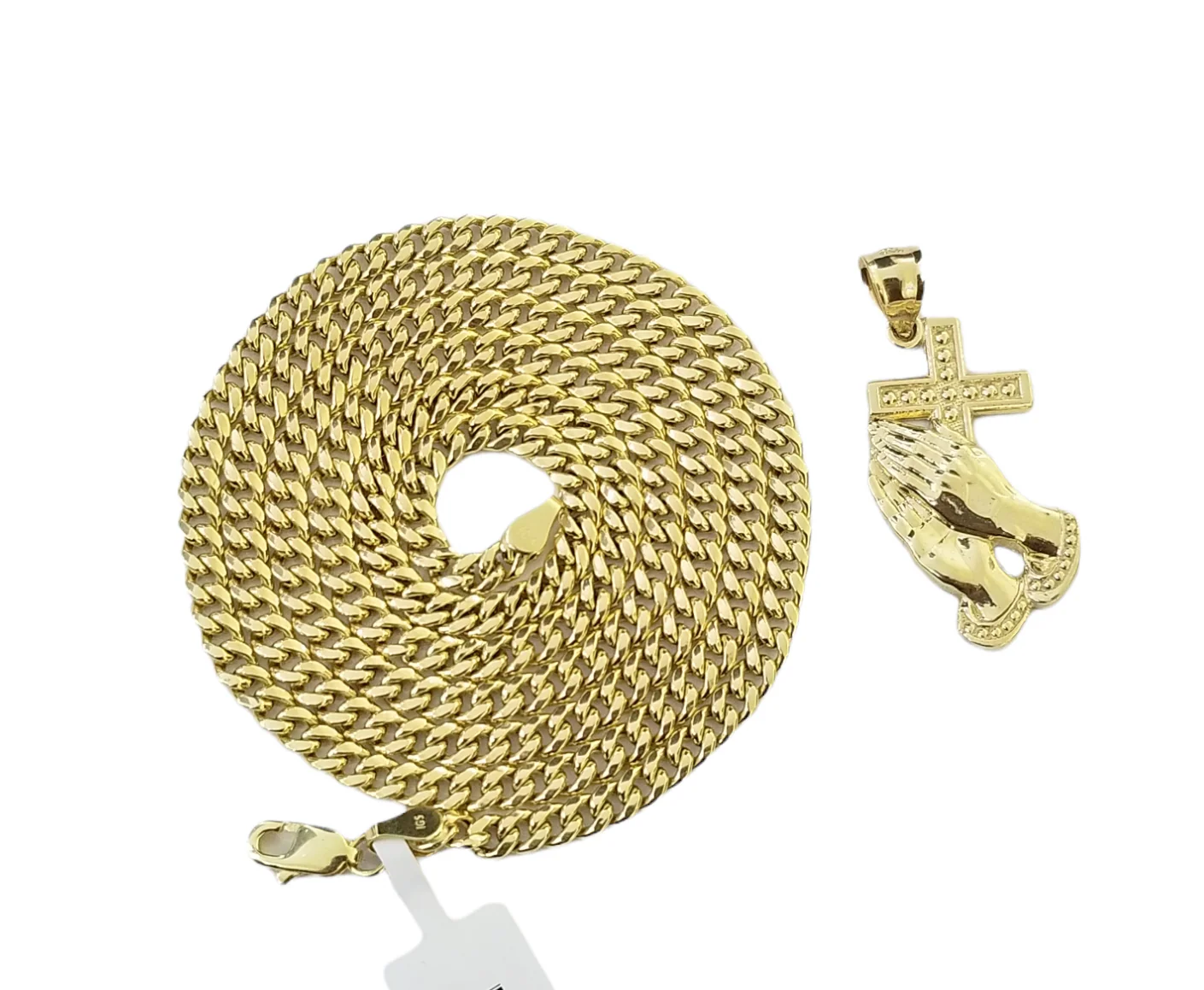10K Yellow Gold Praying Hand Cross Pendant Charm 4mm Cuban Link Chain 26" Inch - Image 4