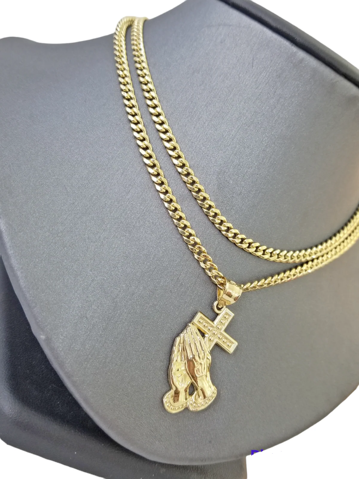 10K Yellow Gold Praying Hand Cross Pendant Charm 4mm Cuban Link Chain 26" Inch - Image 6