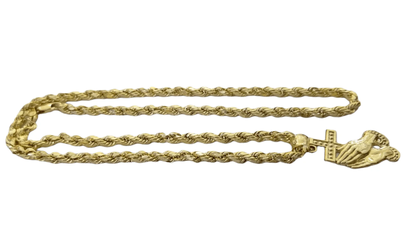 10k Yellow Gold Praying Hand Cross Pendent 4mm Rope Chain 18 20 22 24 26 28 30" - Image 4