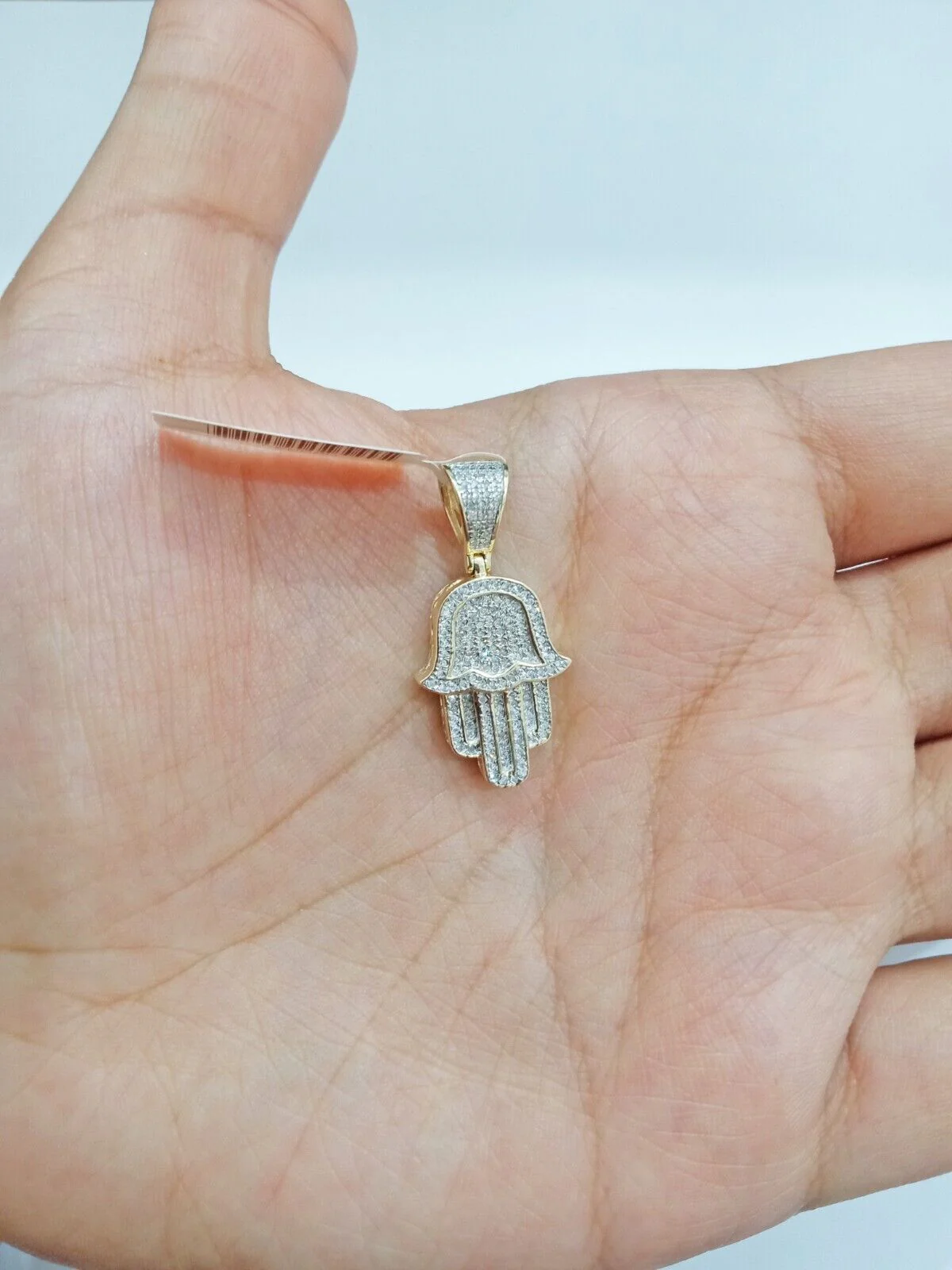 10k Yellow Gold Real Diamond Hamsa Hand Charm Pendant - Image 2