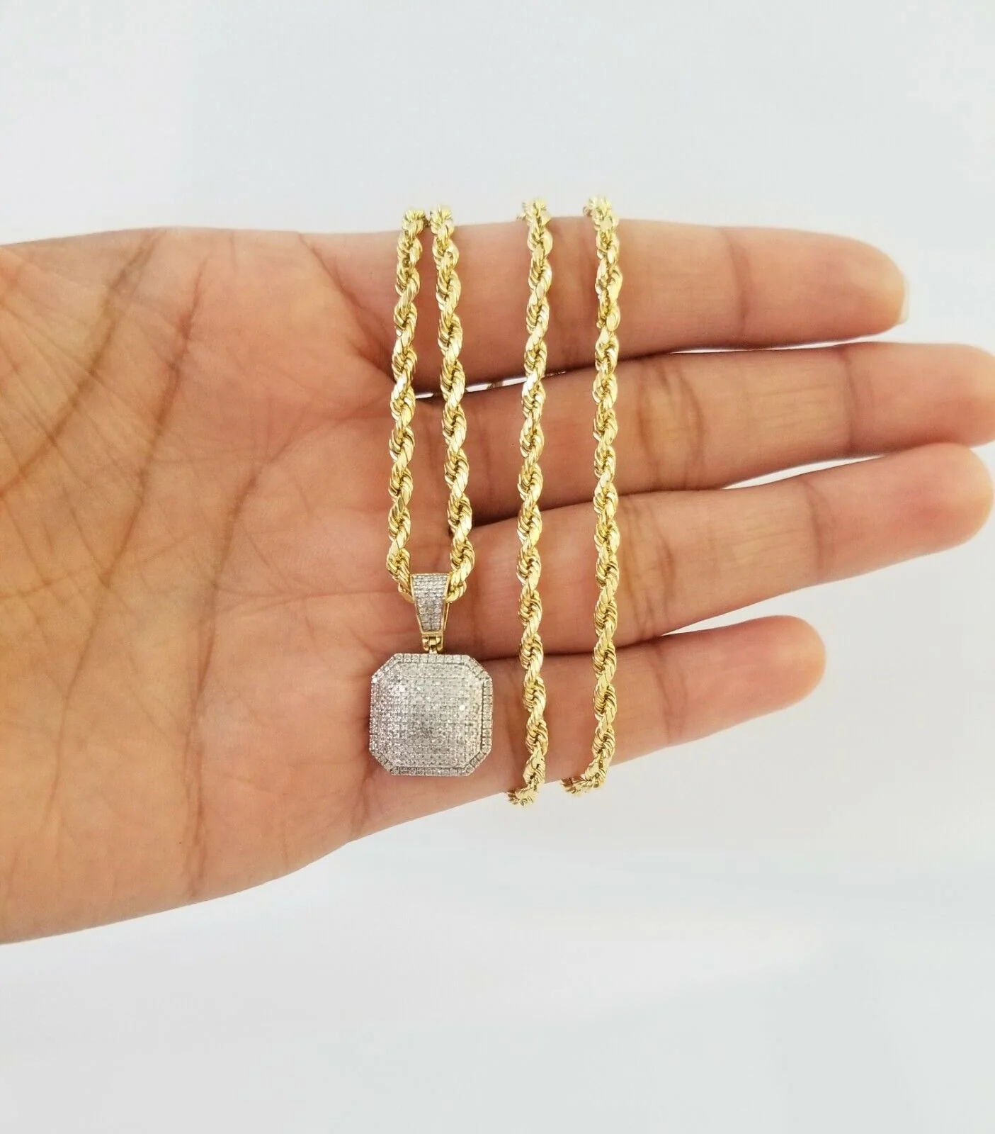 10K Yellow Gold Real Diamond Pillow Charm With 24" 3mm gold rope chain - Image 6