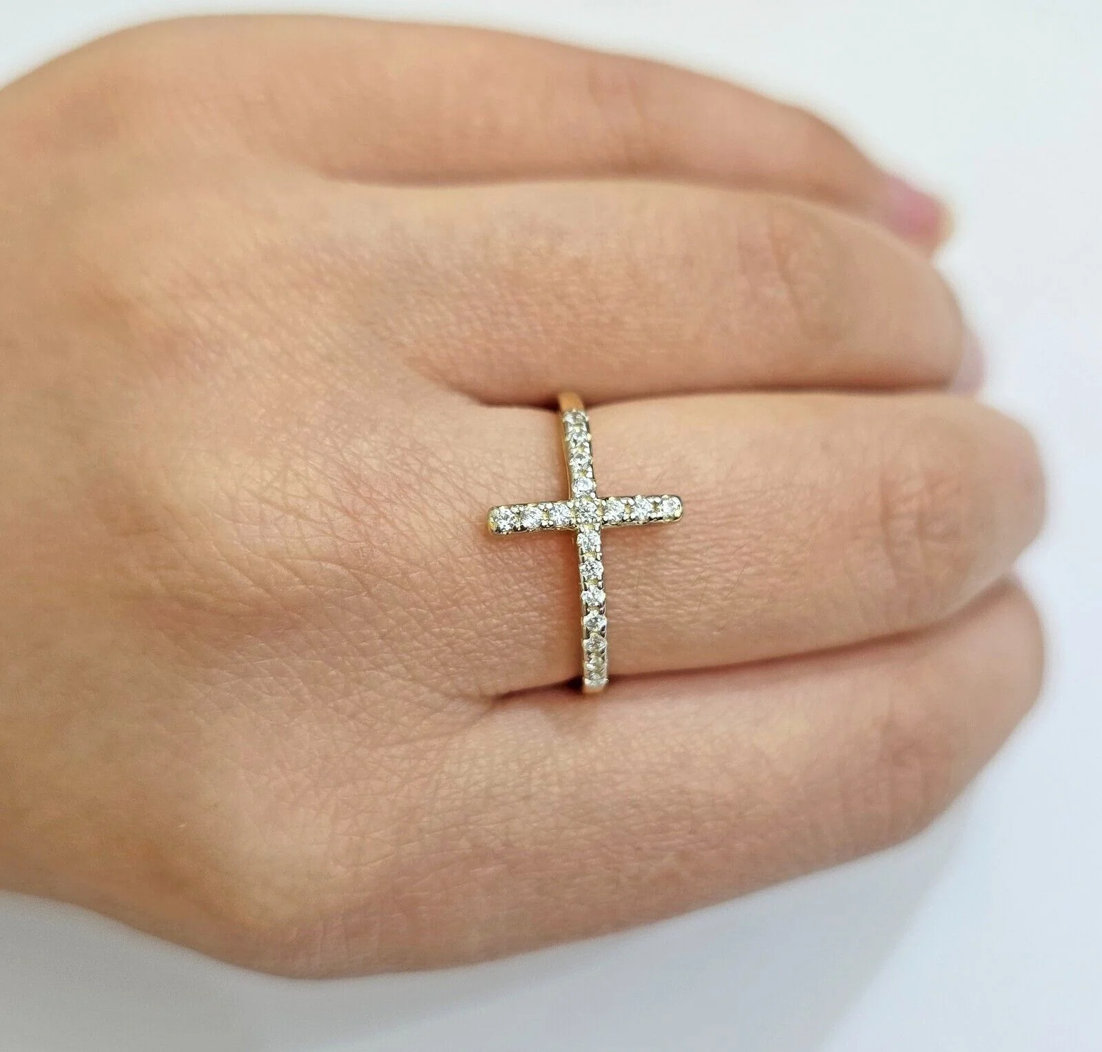 10k Yellow Gold Ring Ladies Real 10kt Cross Ring With Stones For Women  Ring Sizes 6,7,8,9,10,11 & 12