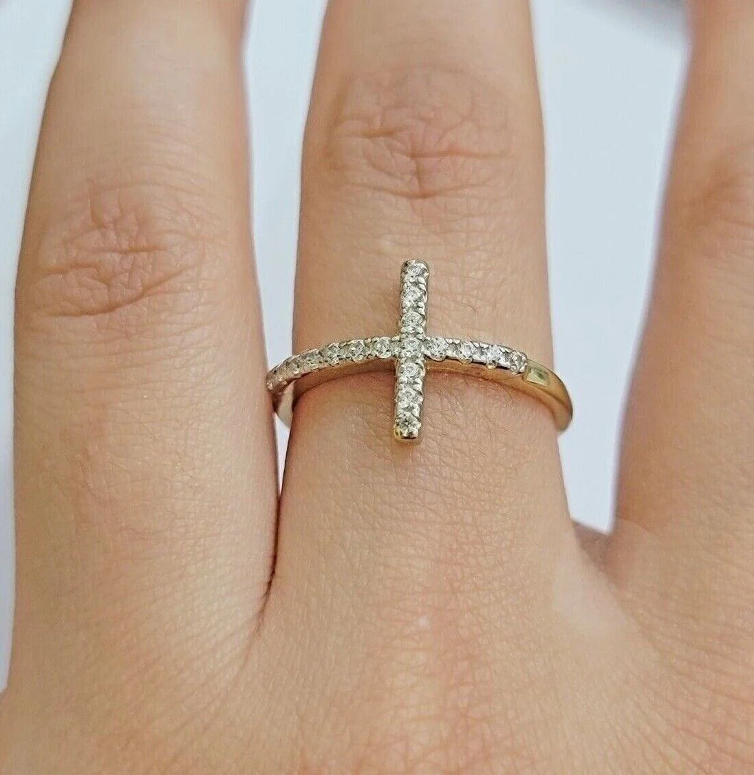 10k Yellow Gold Ring Ladies Real 10kt Cross Ring With Stones For Women  Ring Sizes 6,7,8,9,10,11 & 12 - Image 3