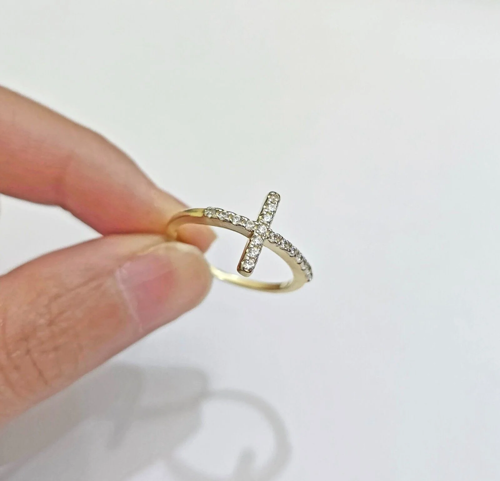 10k Yellow Gold Ring Ladies Real 10kt Cross Ring With Stones For Women  Ring Sizes 6,7,8,9,10,11 & 12 - Image 5