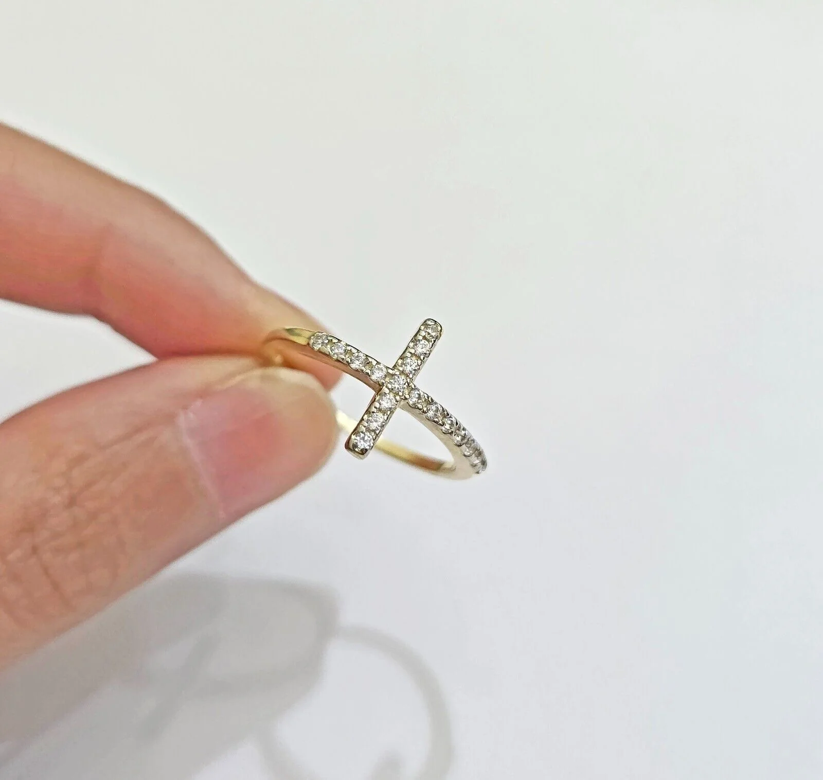 10k Yellow Gold Ring Ladies Real 10kt Cross Ring With Stones For Women  Ring Sizes 6,7,8,9,10,11 & 12 - Image 6