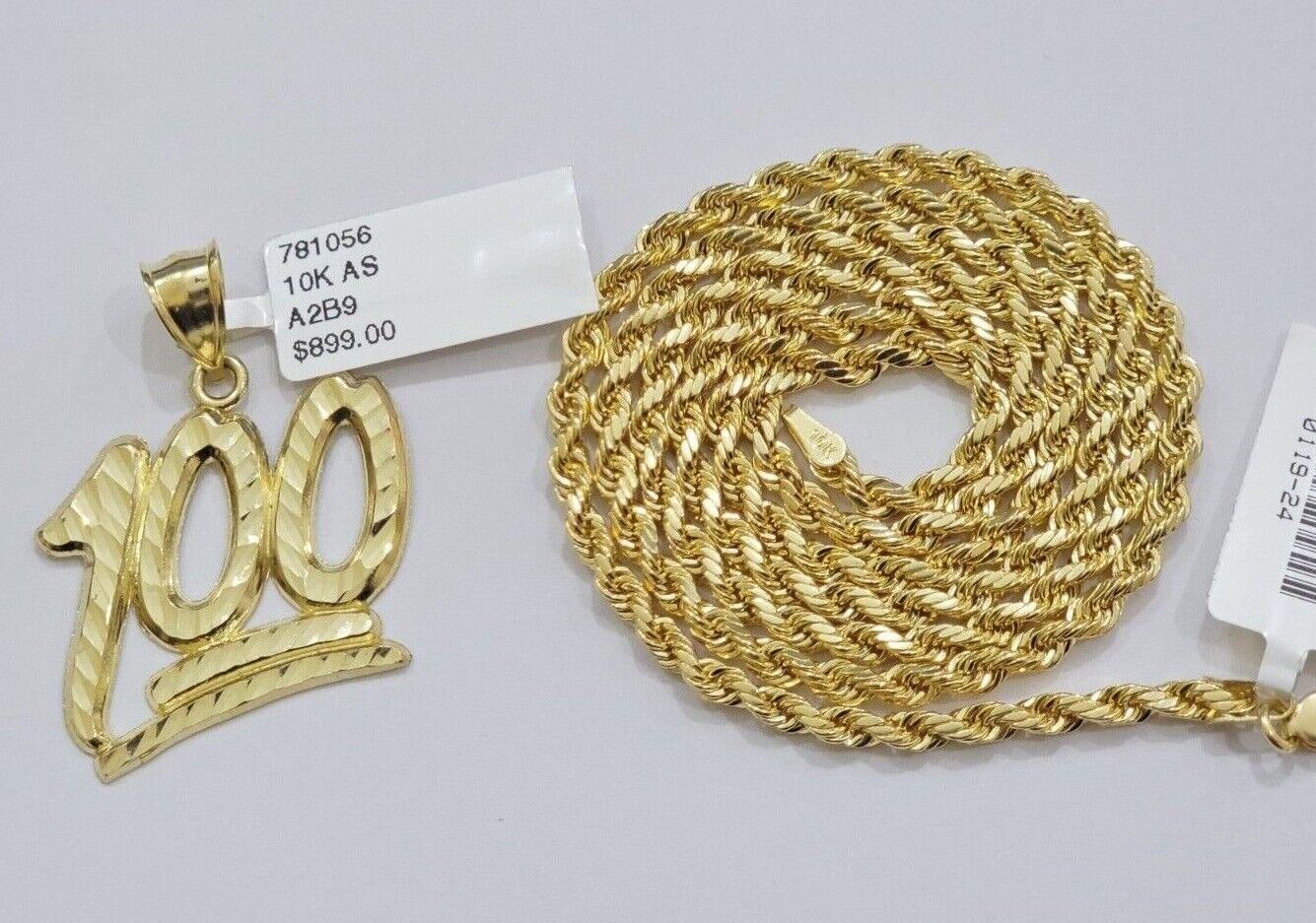 10k Yellow Gold Rope Chain 100 Charm Pendant Set 18"-28 Inch 3mm Necklace REAL - Image 4