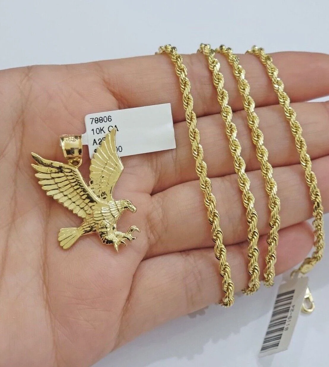10k Yellow Gold Rope Chain Eagle Charm Pendant Set 18"-28 Inch 3mm Necklace REAL - Image 8