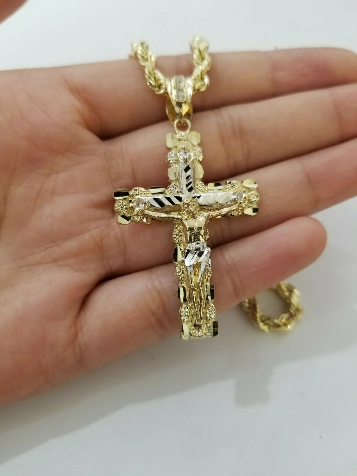 10k Yellow Gold Rope Chain With Cross Charm Pendant Set REAL 10KT 4mm Necklace - Image 4