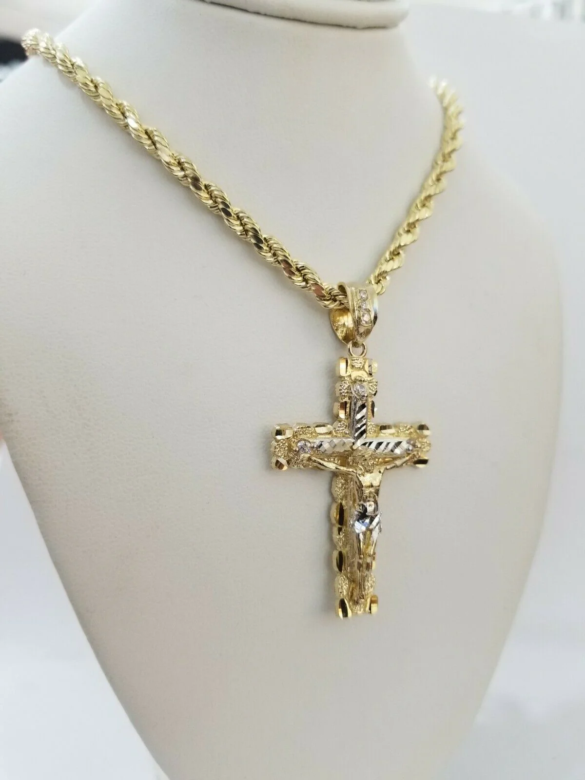 10k Yellow Gold Rope Chain With Cross Charm Pendant Set REAL 10KT 4mm Necklace - Image 6