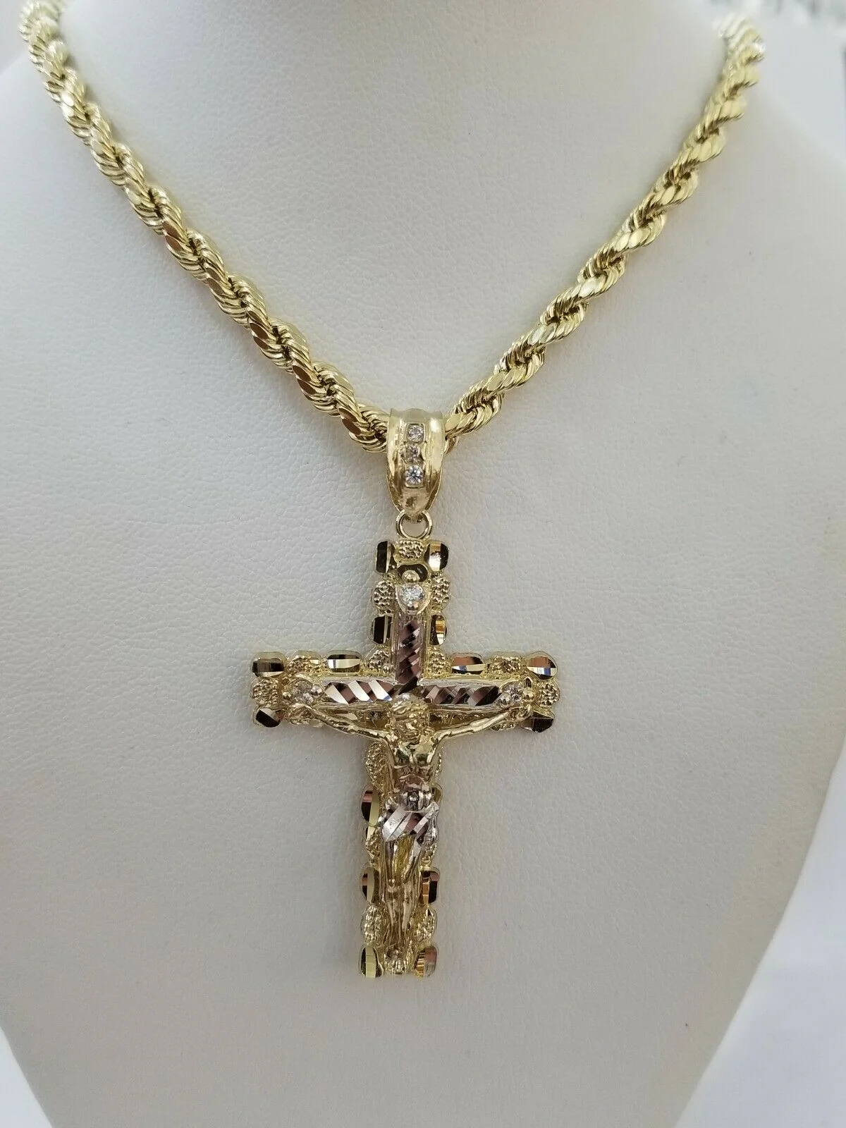 10k Yellow Gold Rope Chain With Cross Charm Pendant Set REAL 10KT 4mm Necklace - Image 8