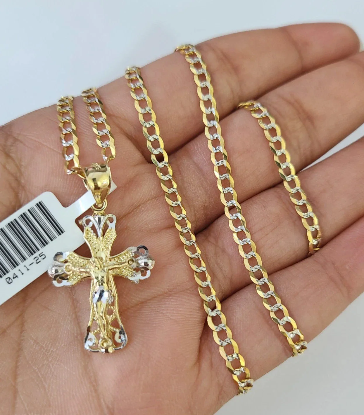 10k Yellow Gold Solid Cuban Curb Chain Jesus Cross Pendant Charm 3mm Necklace