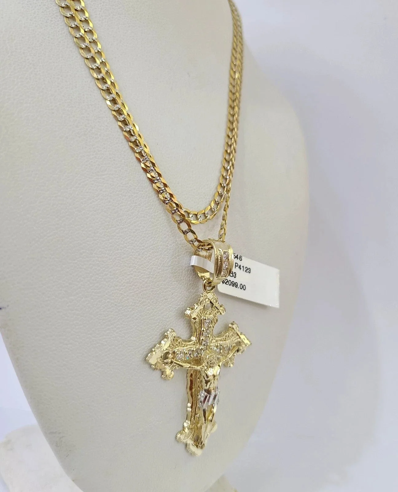 10k Yellow Gold Solid Cuban Curb Chain Jesus Cross Pendant Charm 3mm Necklace - Image 3