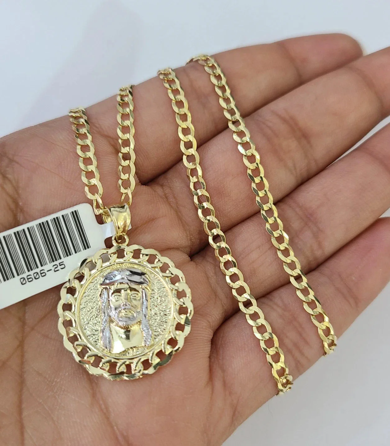 10k Yellow Gold Solid Cuban Curb Chain Jesus Head Pendant Charm 3mm Necklace