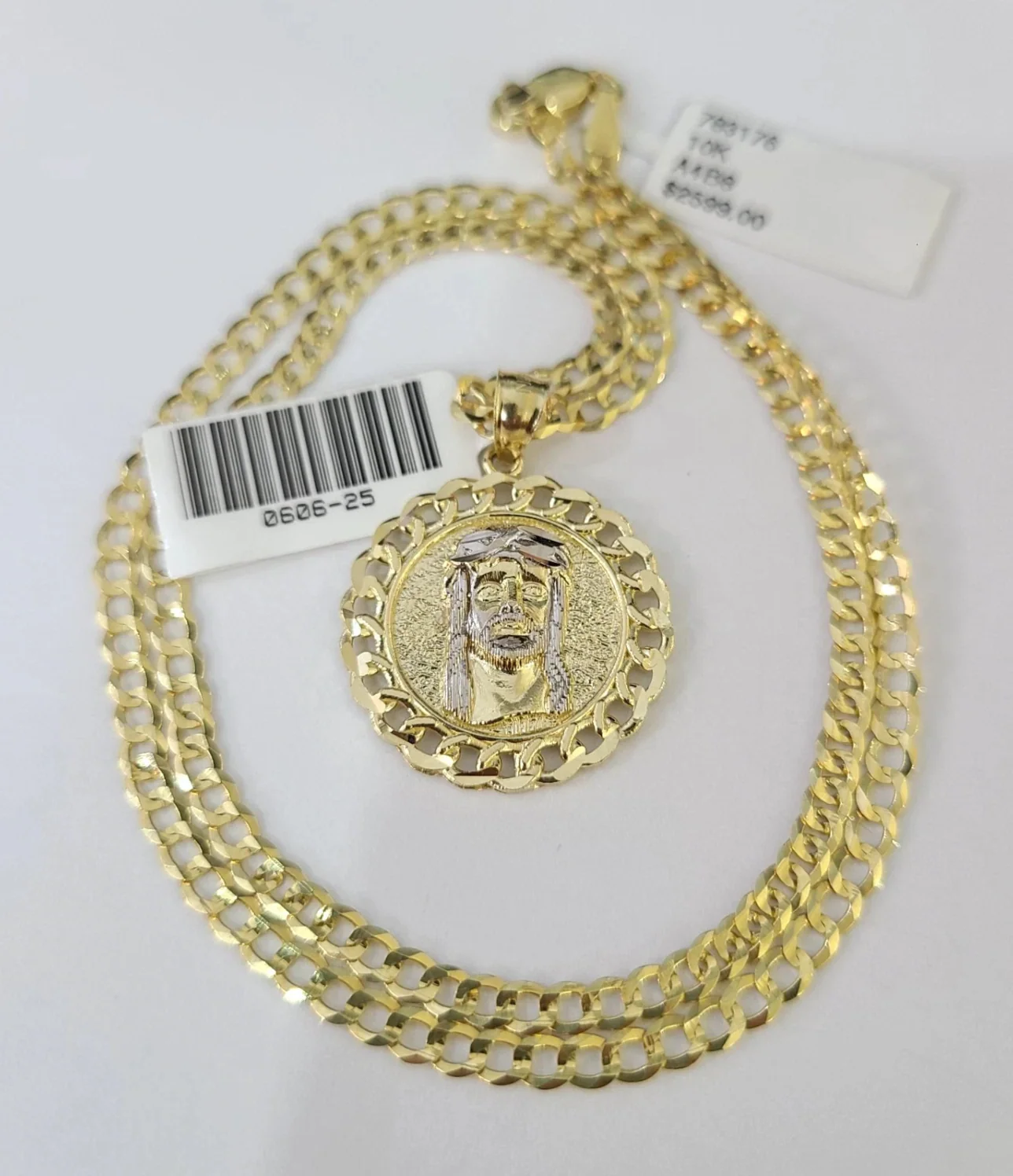 10k Yellow Gold Solid Cuban Curb Chain Jesus Head Pendant Charm 3mm Necklace - Image 2