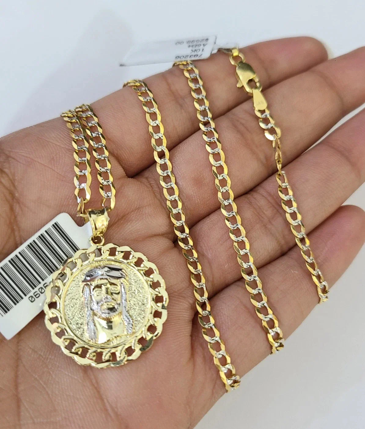 10k Yellow Gold Solid Cuban Curb Chain Jesus Head Pendant Charm 3mm Necklace