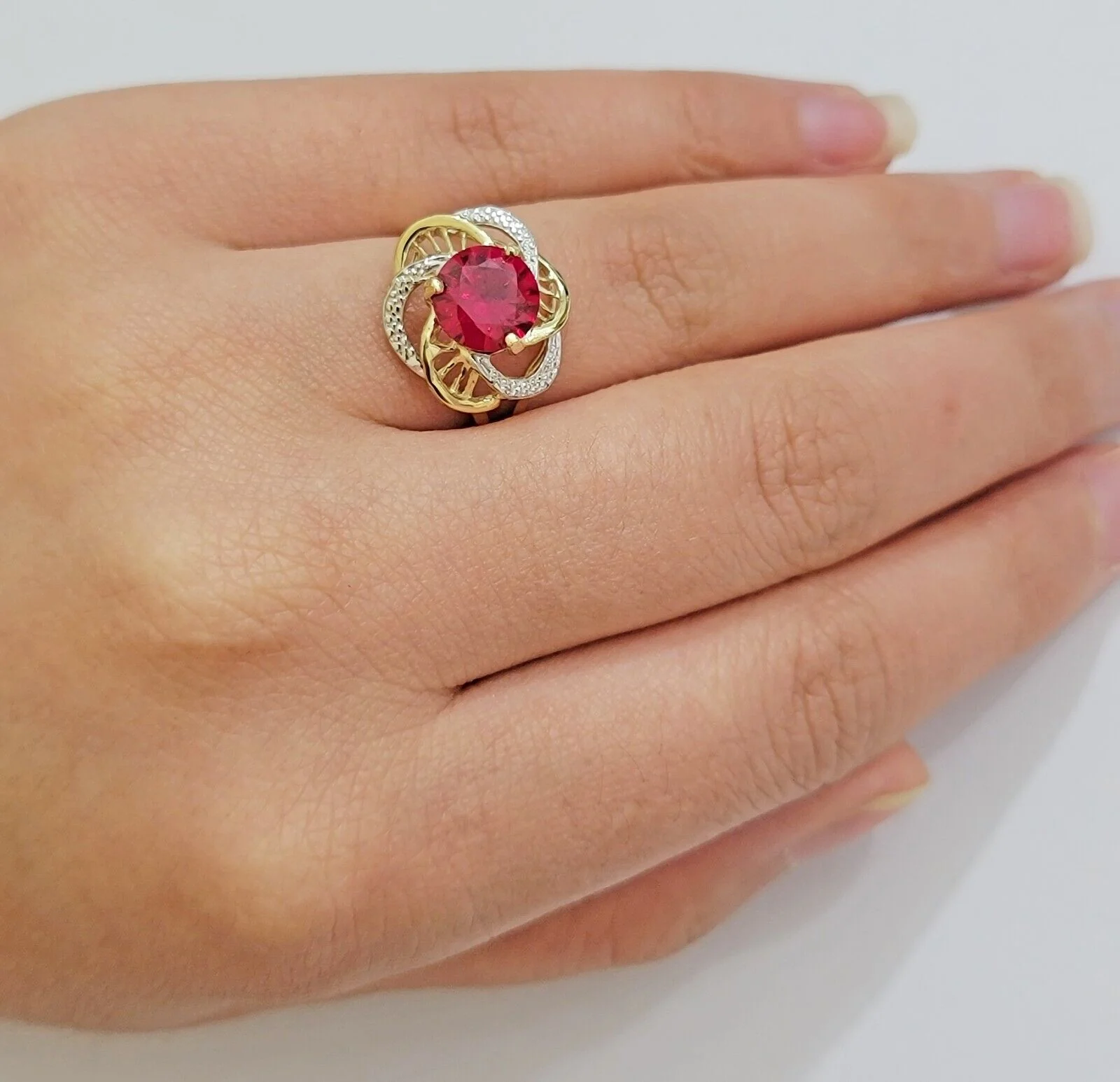 10k Yellow Gold Women Ring Pink Red Color Ladies Flower Band REAL 10KT All Sizes