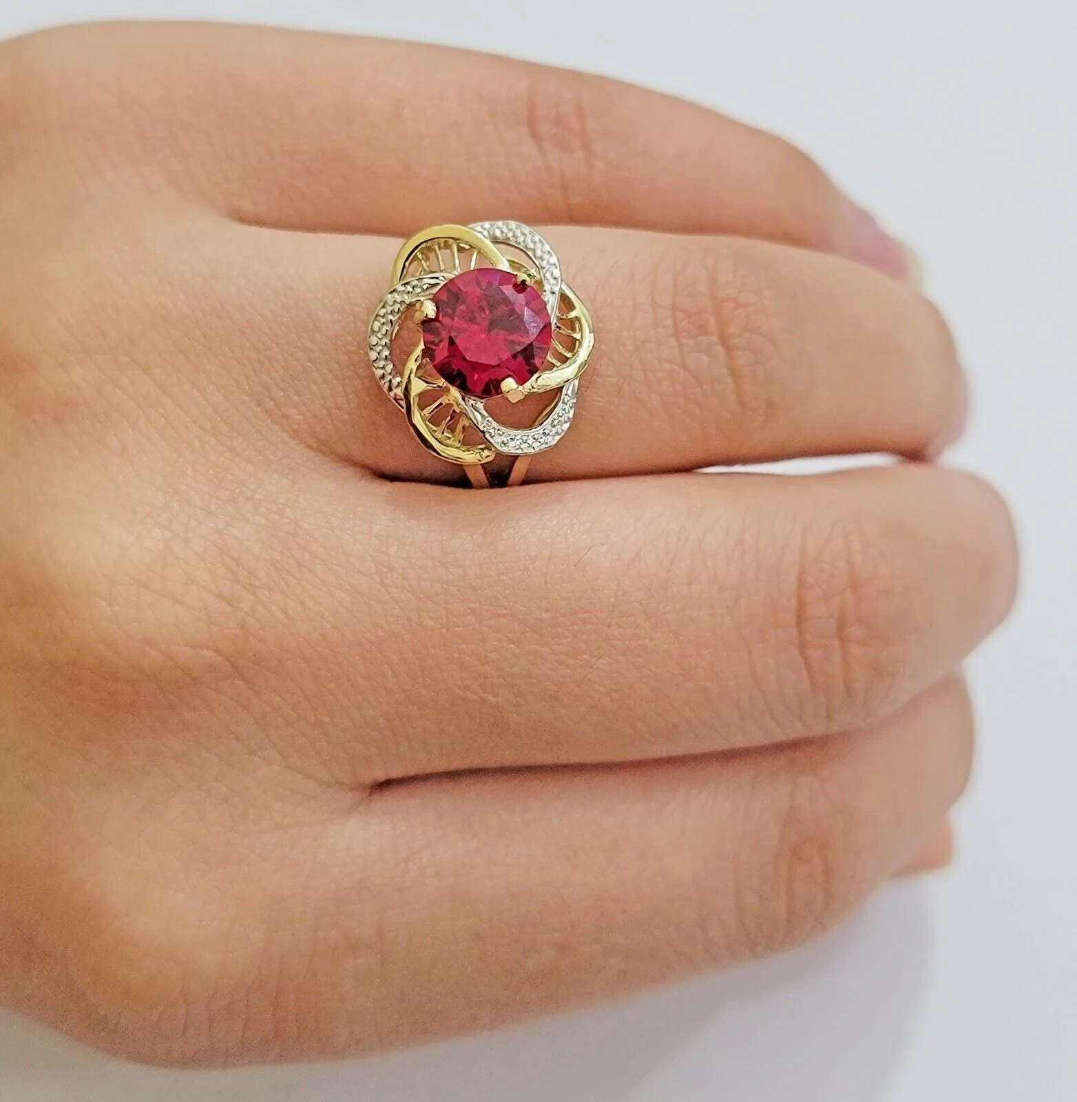 10k Yellow Gold Women Ring Pink Red Color Ladies Flower Band REAL 10KT All Sizes - Image 2