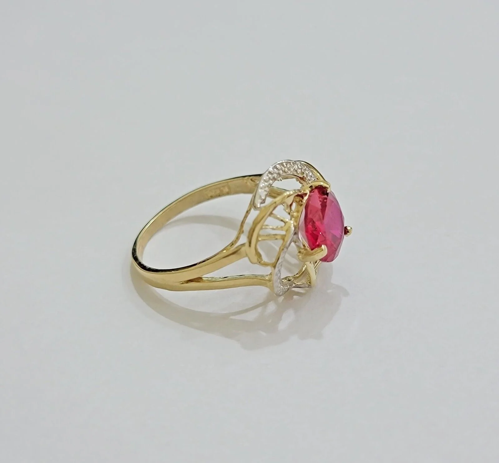10k Yellow Gold Women Ring Pink Red Color Ladies Flower Band REAL 10KT All Sizes - Image 6