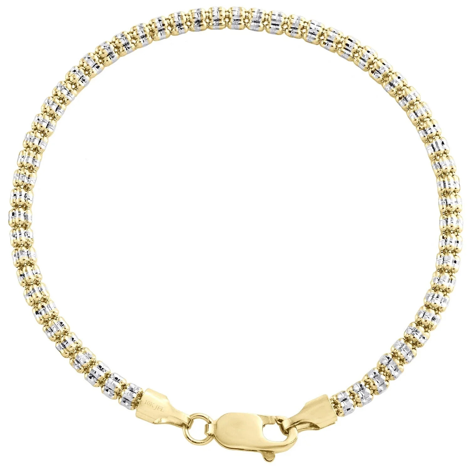 10K Yellow White Gold Two Tone 3mm Diamond Cut Ice Bead Link Bracelet 8 Inches