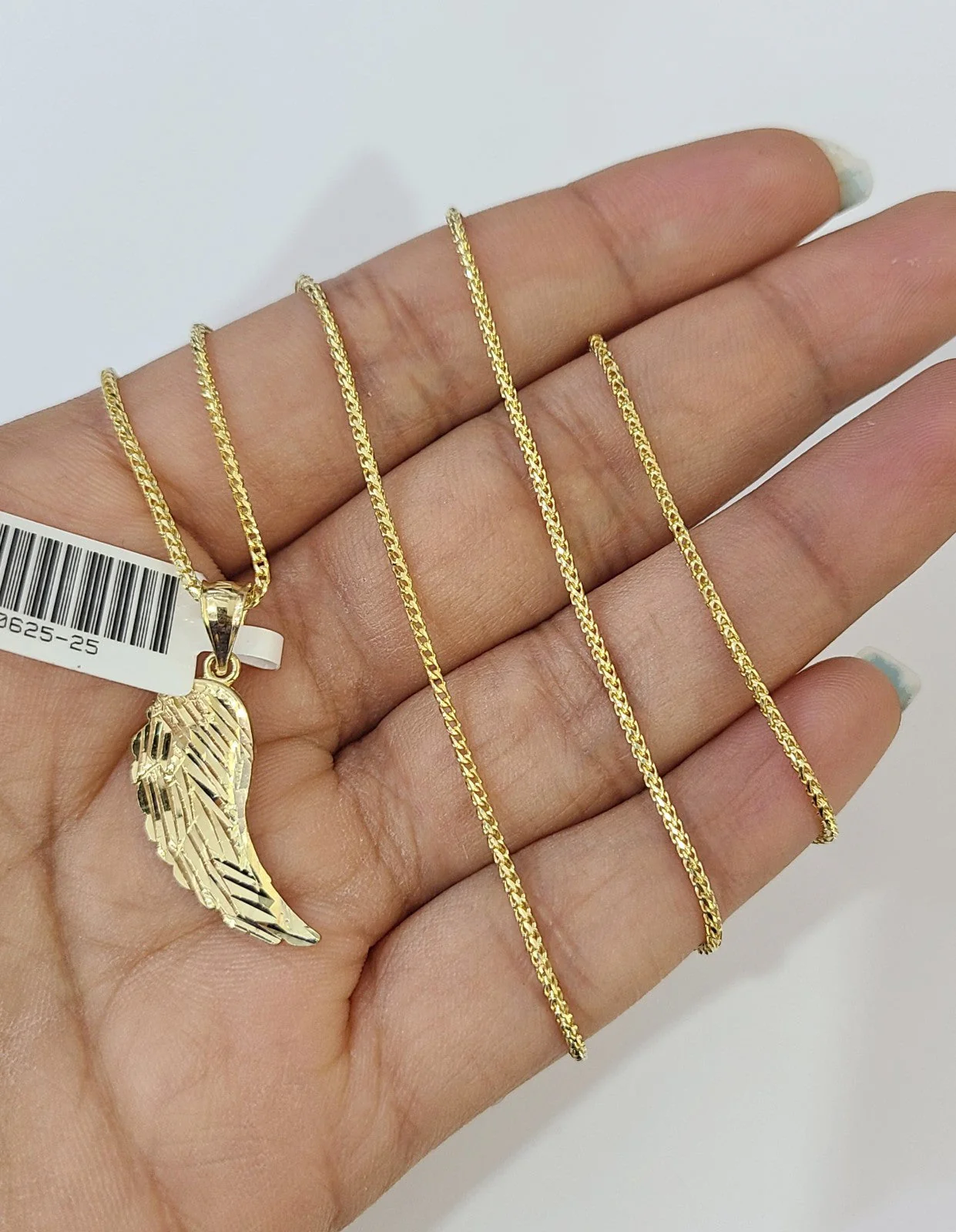 10kt Franco Chain Necklace Angel Wing Pendant 1mm 16-22 Inches Ladies Gold