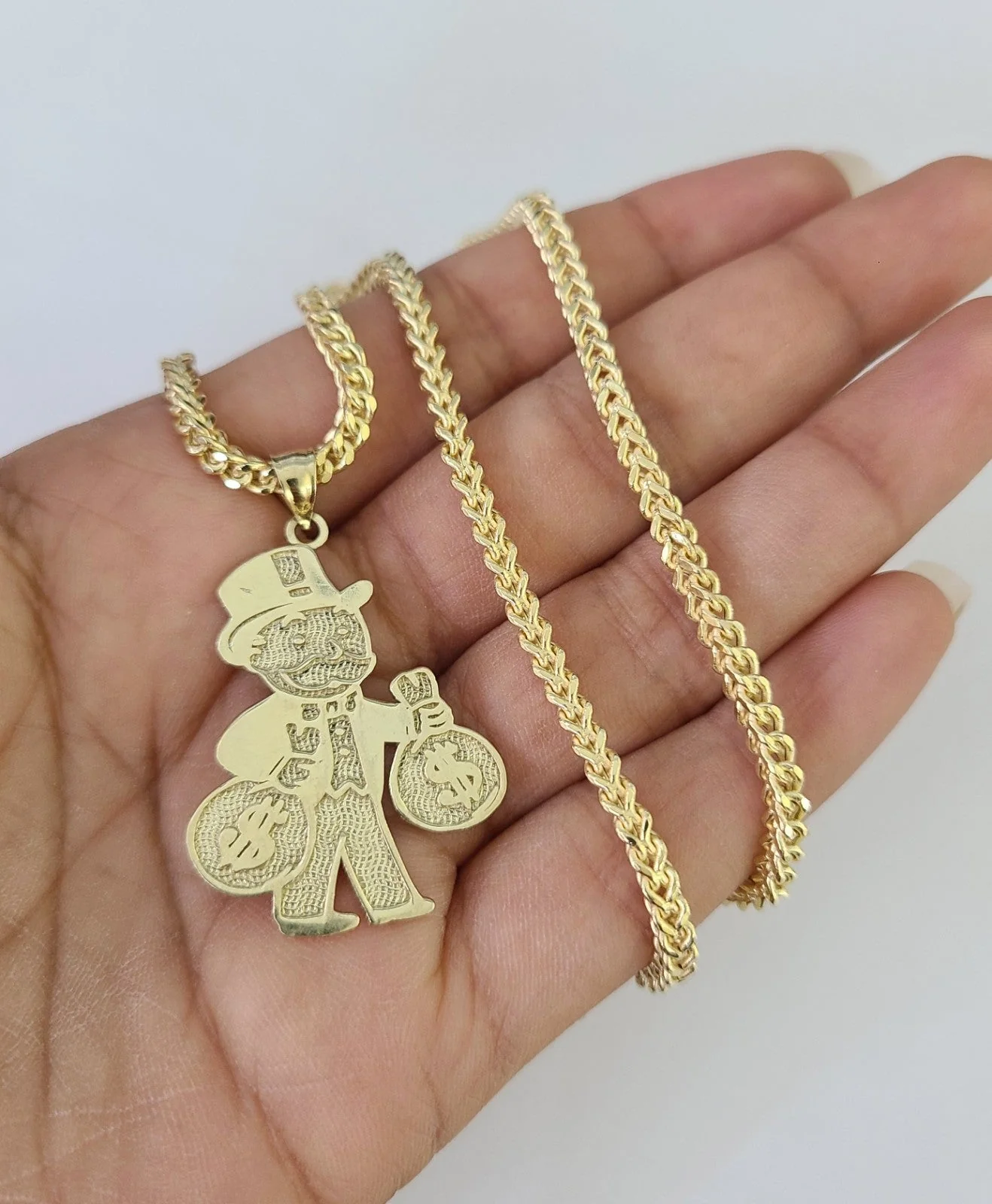 10kt Franco Chain Necklace Grandpa Money Bag Charm Pendant 3mm 18-28 Inches Gold