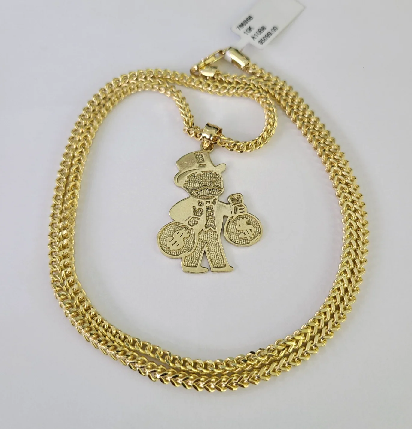 10kt Franco Chain Necklace Grandpa Money Bag Charm Pendant 3mm 18-28 Inches Gold - Image 2