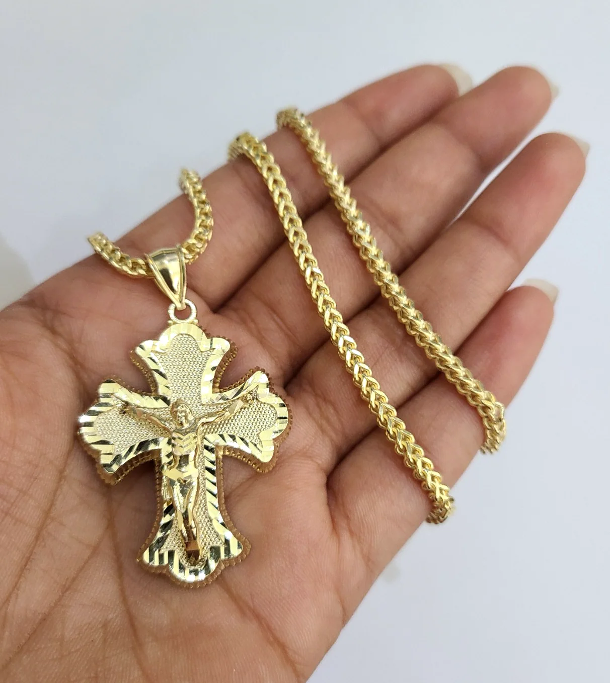 10kt Franco Chain Necklace Jesus Cross Charm Crucifix Pendant 3mm 18"-28" Gold