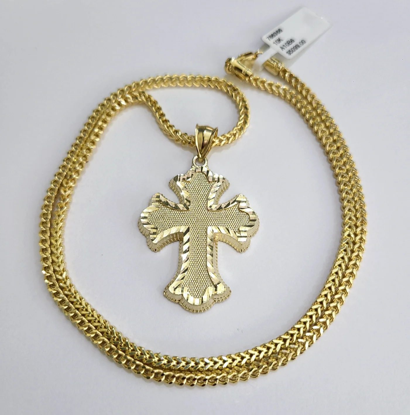 10kt Franco Chain Necklace Jesus Cross Charm Pendant 3mm 18-28 Inch Yellow Gold - Image 3