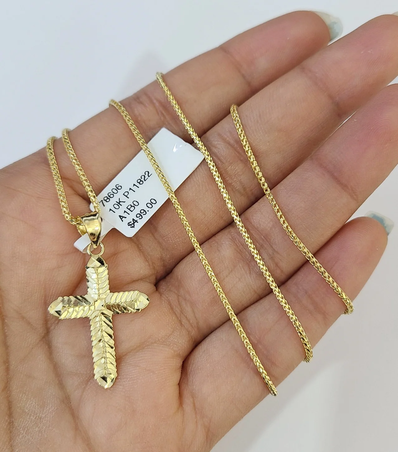10kt Franco Chain Necklace Jesus Cross Pendant 1mm 16-22 Inches Ladies Gold
