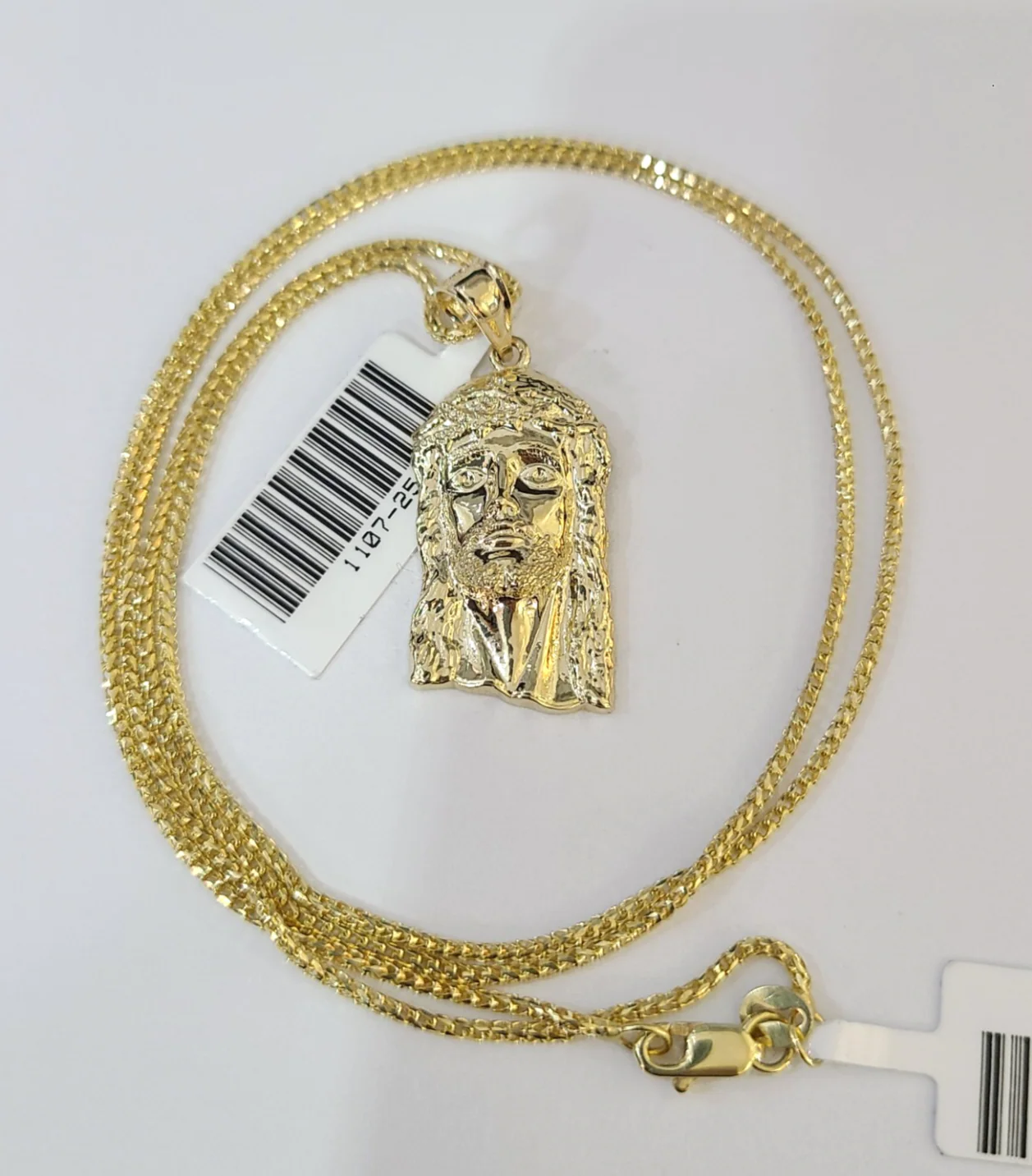 10kt Franco Chain Necklace Jesus Head Charm Pendant 1mm 16-22 Inches Ladies Gold - Image 2
