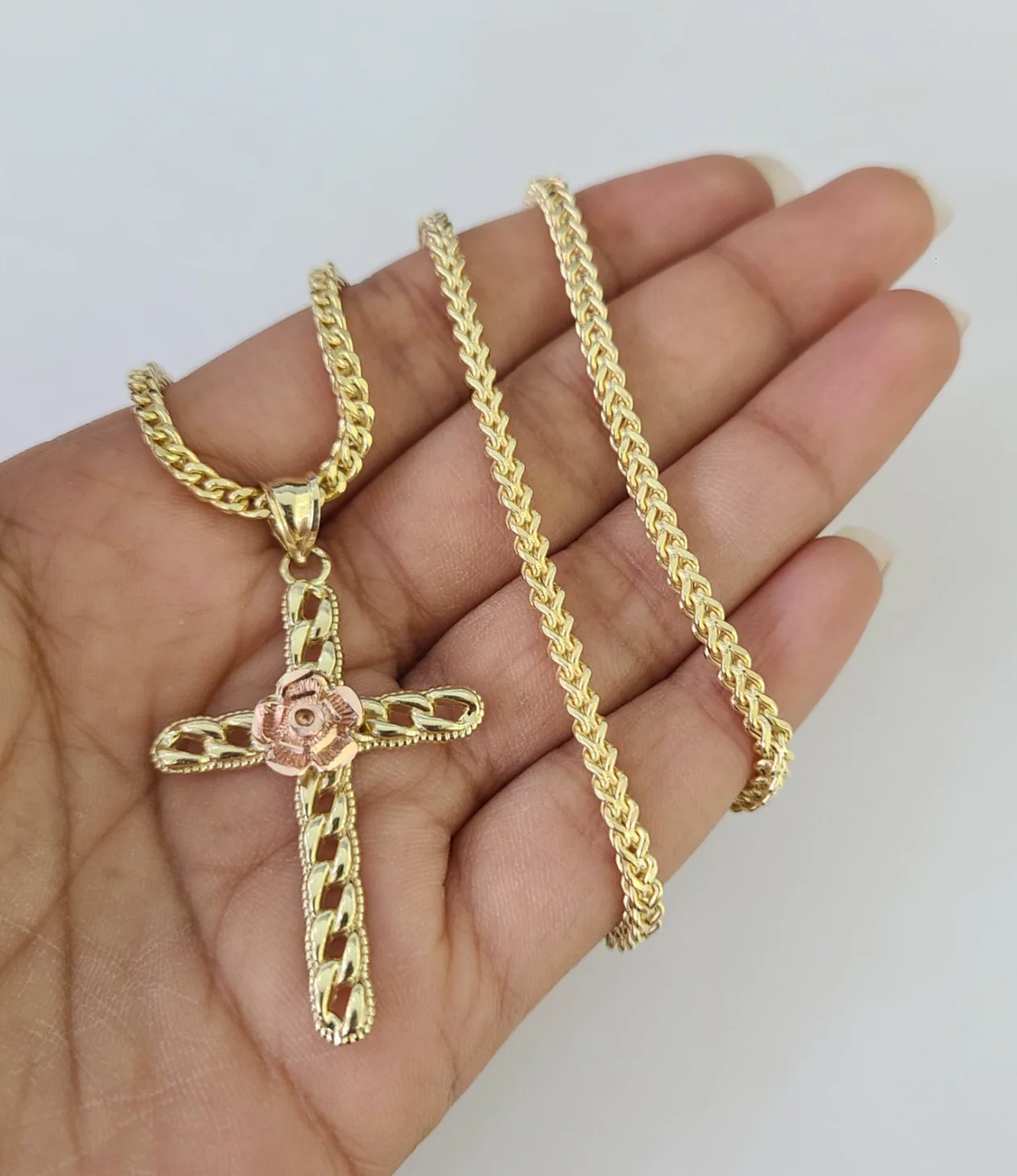 10kt Franco Chain Necklace Jesus Rose Cross Charm Pendant 3mm 18-28 Inches Gold
