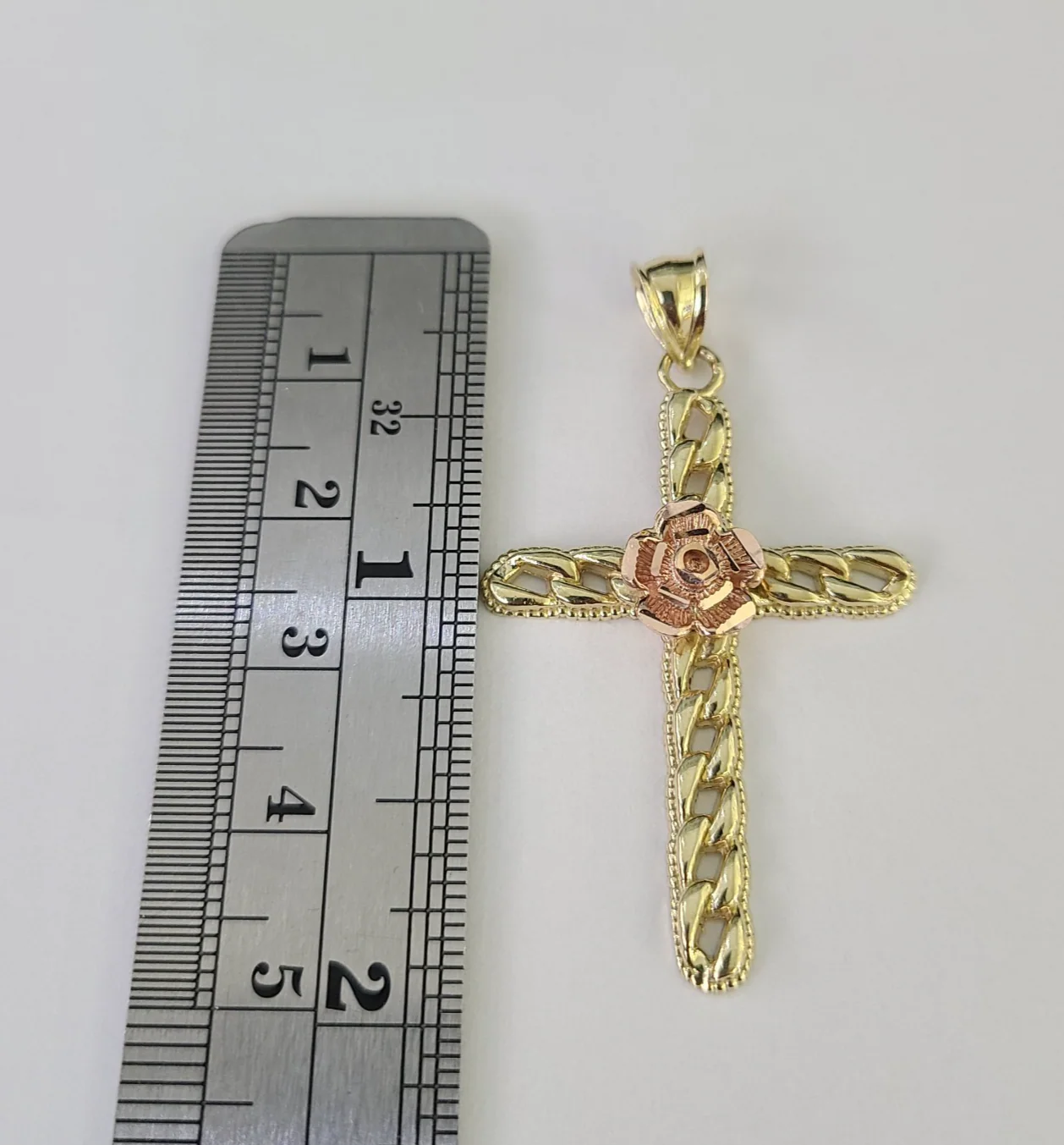 10kt Franco Chain Necklace Jesus Rose Cross Charm Pendant 3mm 18-28 Inches Gold - Image 3