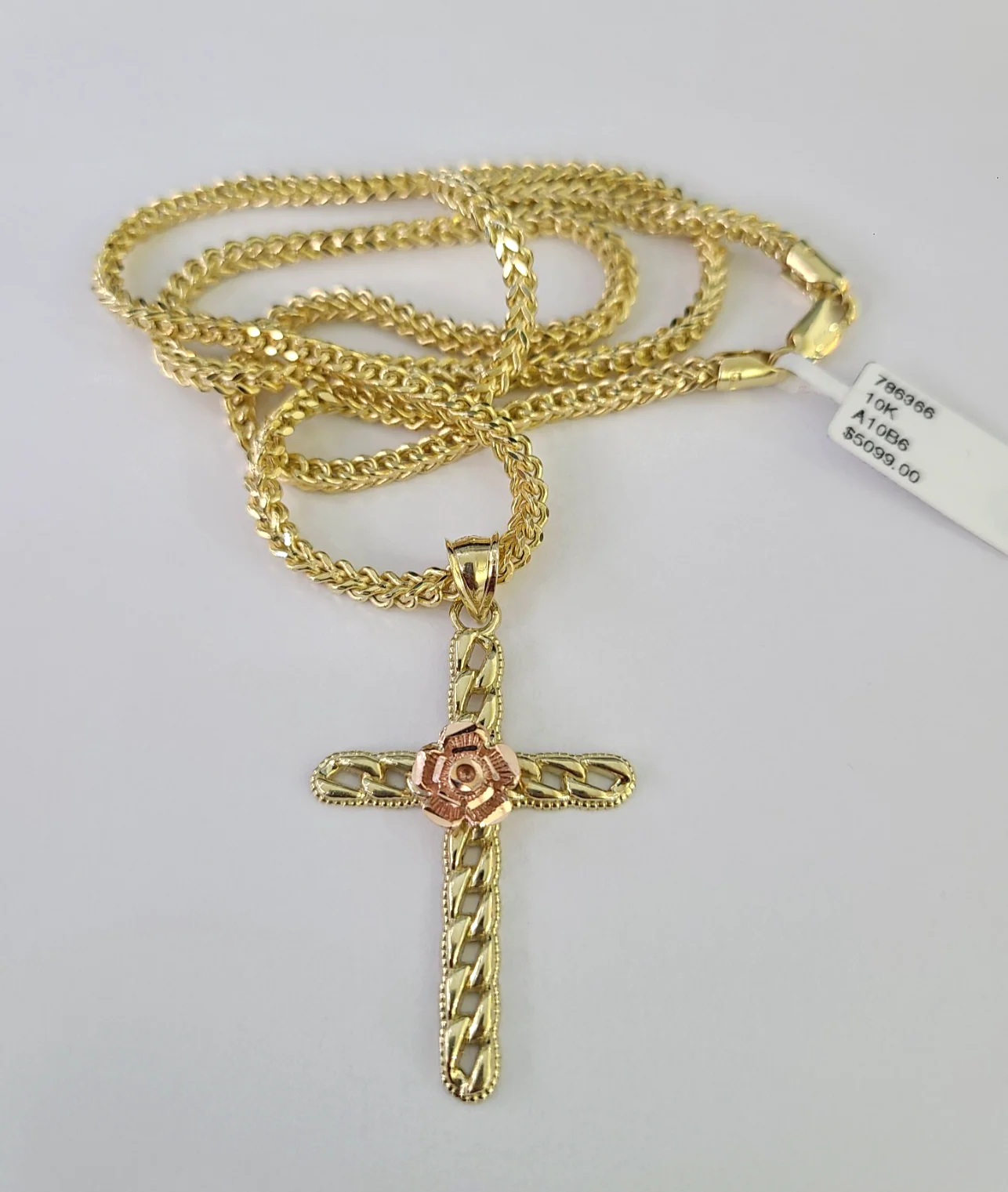 10kt Franco Chain Necklace Jesus Rose Cross Charm Pendant 3mm 18-28 Inches Gold - Image 4