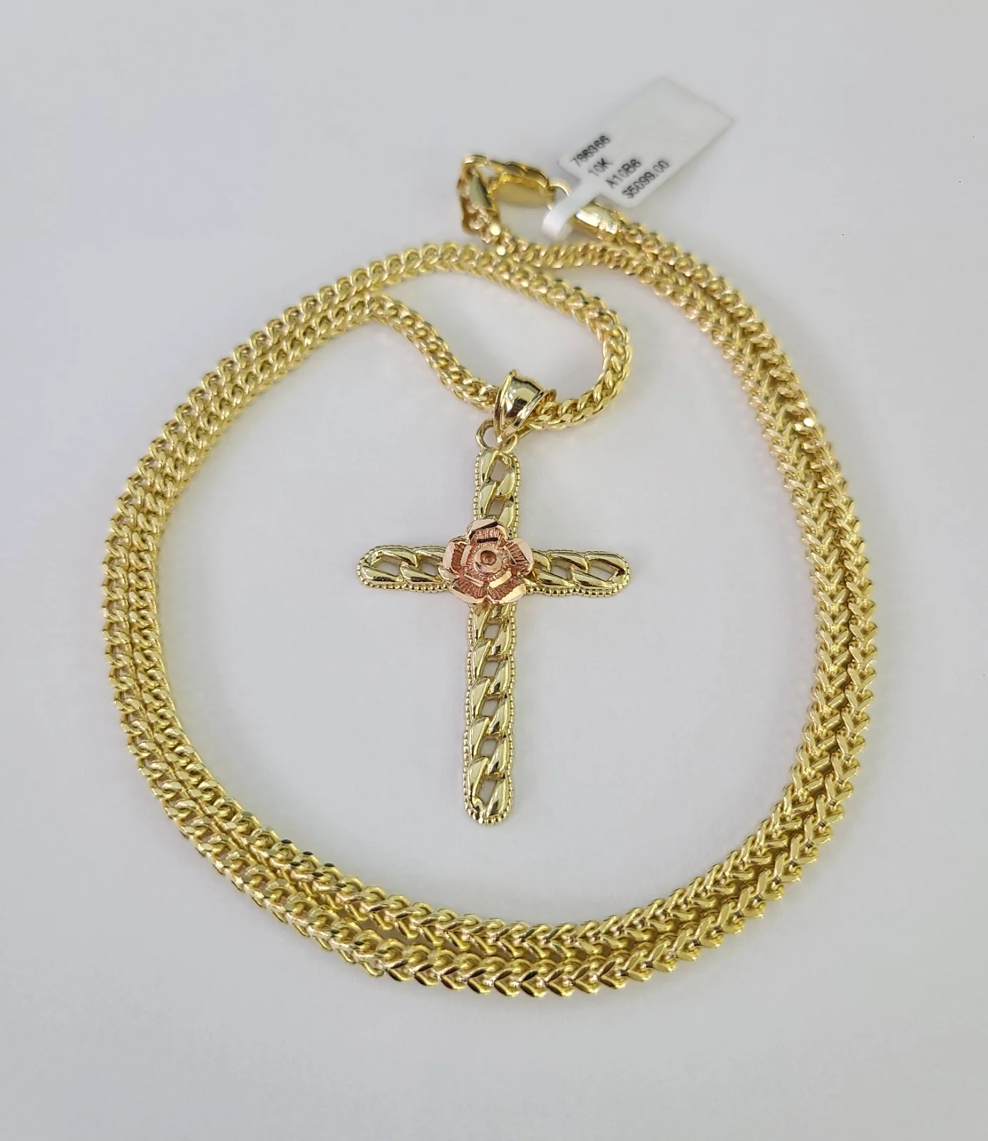 10kt Franco Chain Necklace Jesus Rose Cross Charm Pendant 3mm 18-28 Inches Gold - Image 5