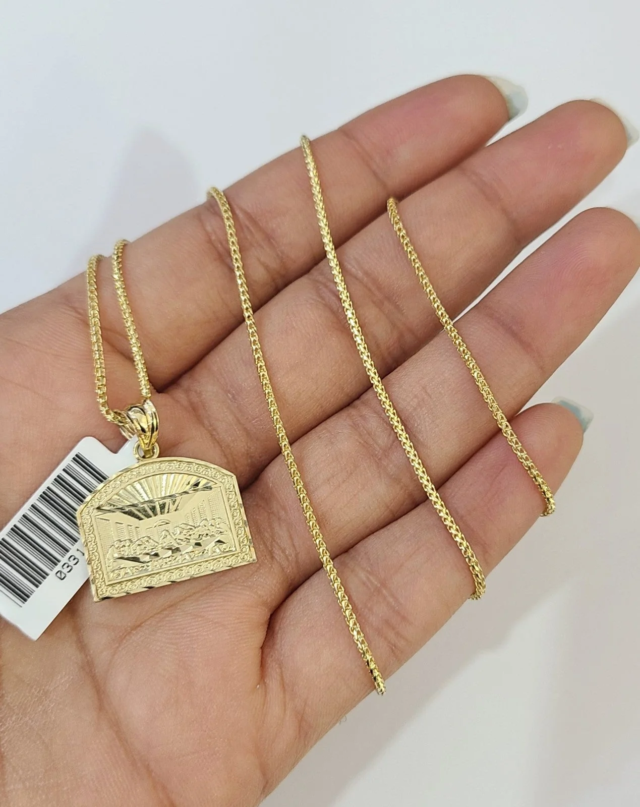 10kt Franco Chain Necklace Last Supper Charm Pendant 1mm 16-22 Inchs Ladies Gold