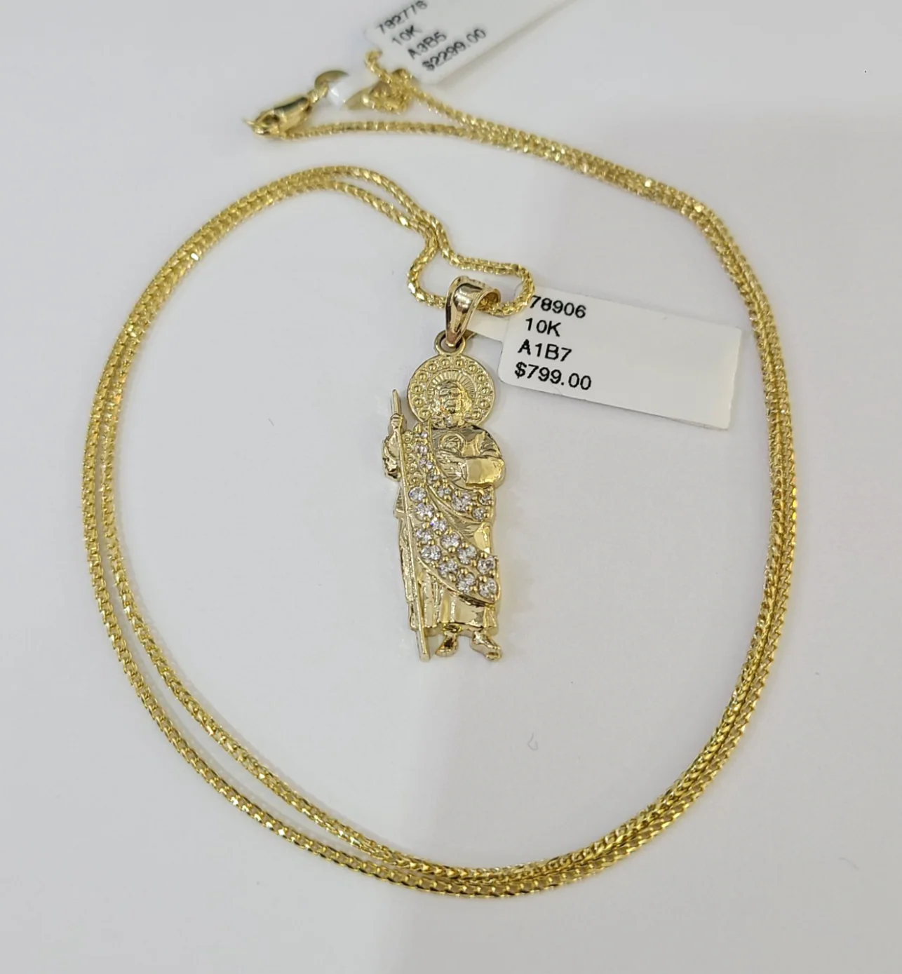 10kt Franco Chain Necklace Saint Jude Charm Pendant 1mm 16-22 Inches Ladies Gold