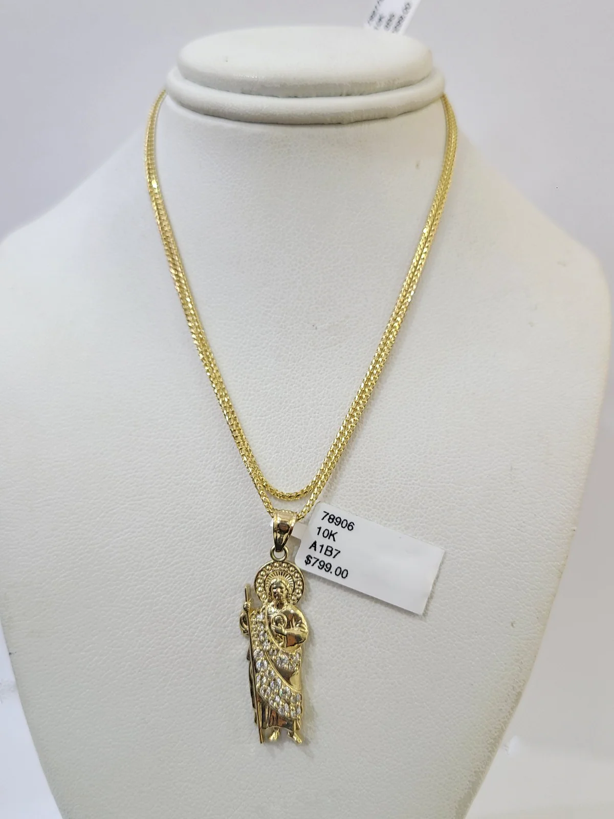 10kt Franco Chain Necklace Saint Jude Charm Pendant 1mm 16-22 Inches Ladies Gold - Image 4