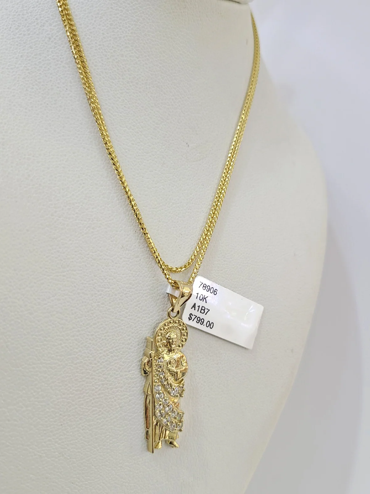 10kt Franco Chain Necklace Saint Jude Charm Pendant 1mm 16-22 Inches Ladies Gold - Image 5