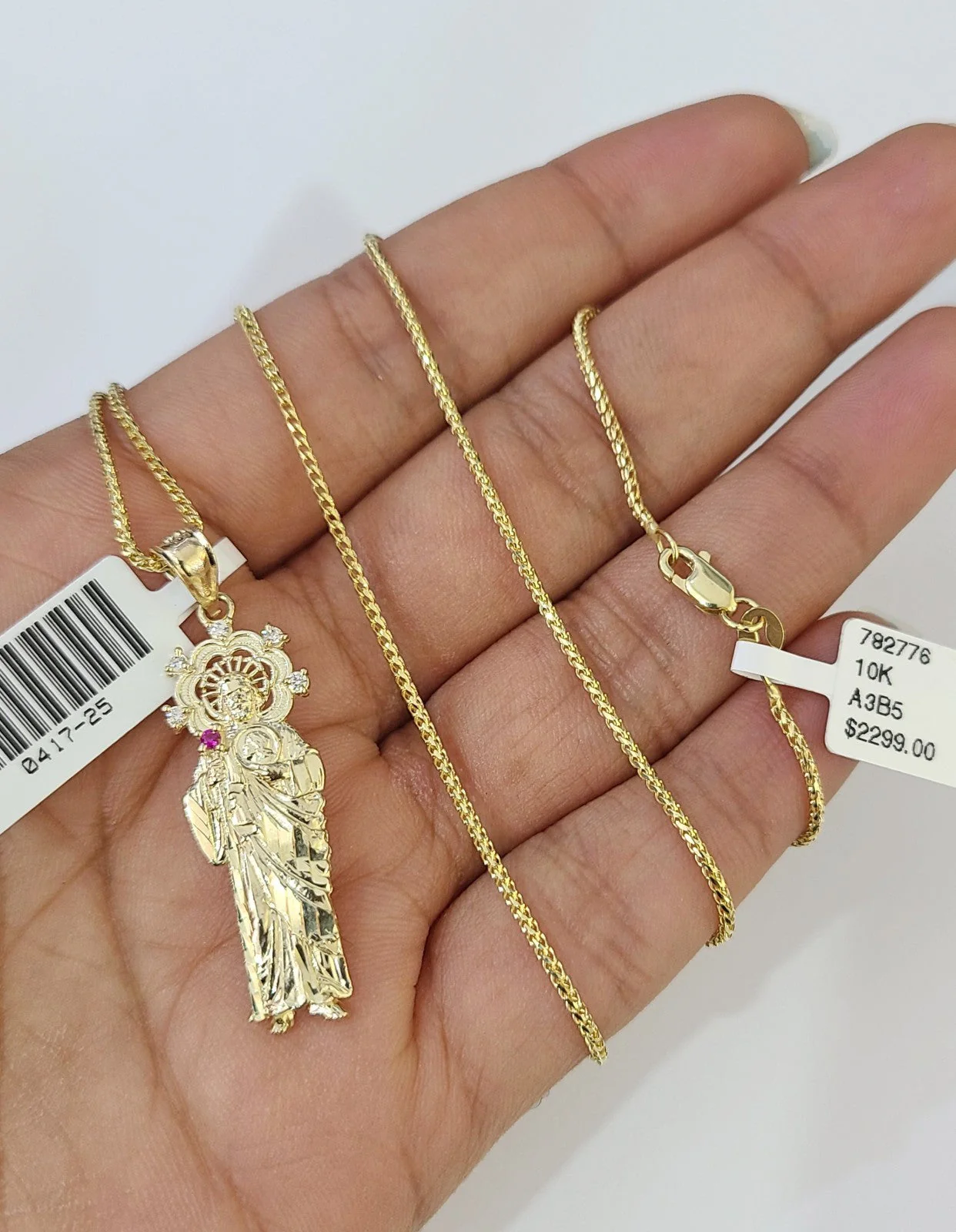 10kt Franco Chain Necklace Saint Jude Charm Pendant 1mm 16-22 Inches Ladies Gold