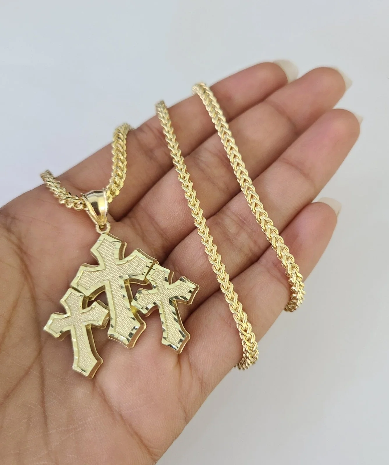 10kt Franco Chain Necklace Triple Cross Charm Pendant 3mm 18-28 Inches Gold