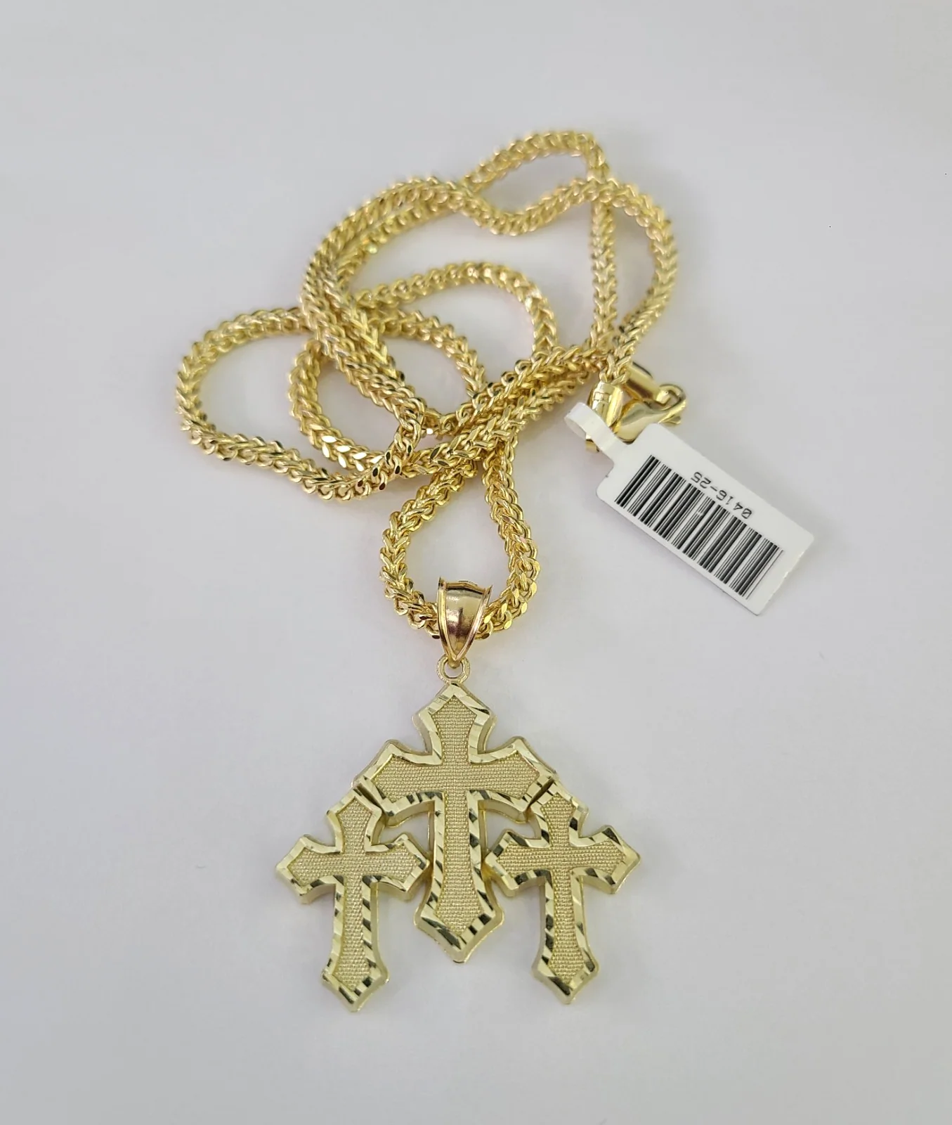 10kt Franco Chain Necklace Triple Cross Charm Pendant 3mm 18-28 Inches Gold - Image 2
