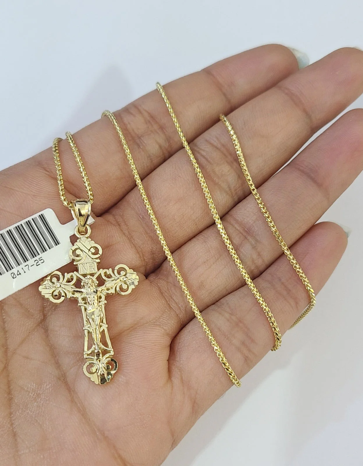 10kt Franco Gold Chain Necklace INRI Cross Pendant Charm 1mm 16-22 Inches Ladies