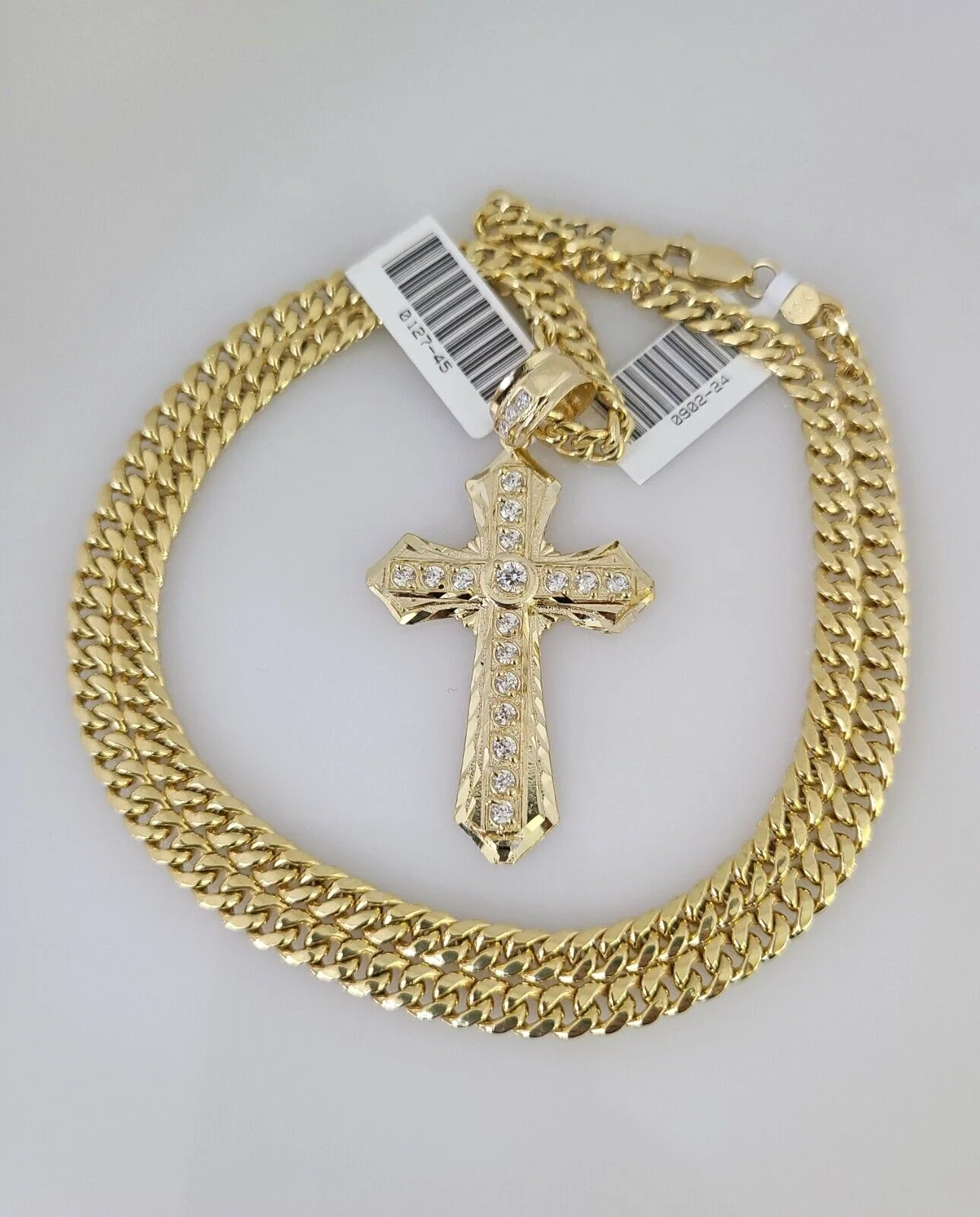 10kt Gold Miami Cuban Chain Jesus Cross Charm Pendant 5mm 18-28Inch Necklace - Image 2