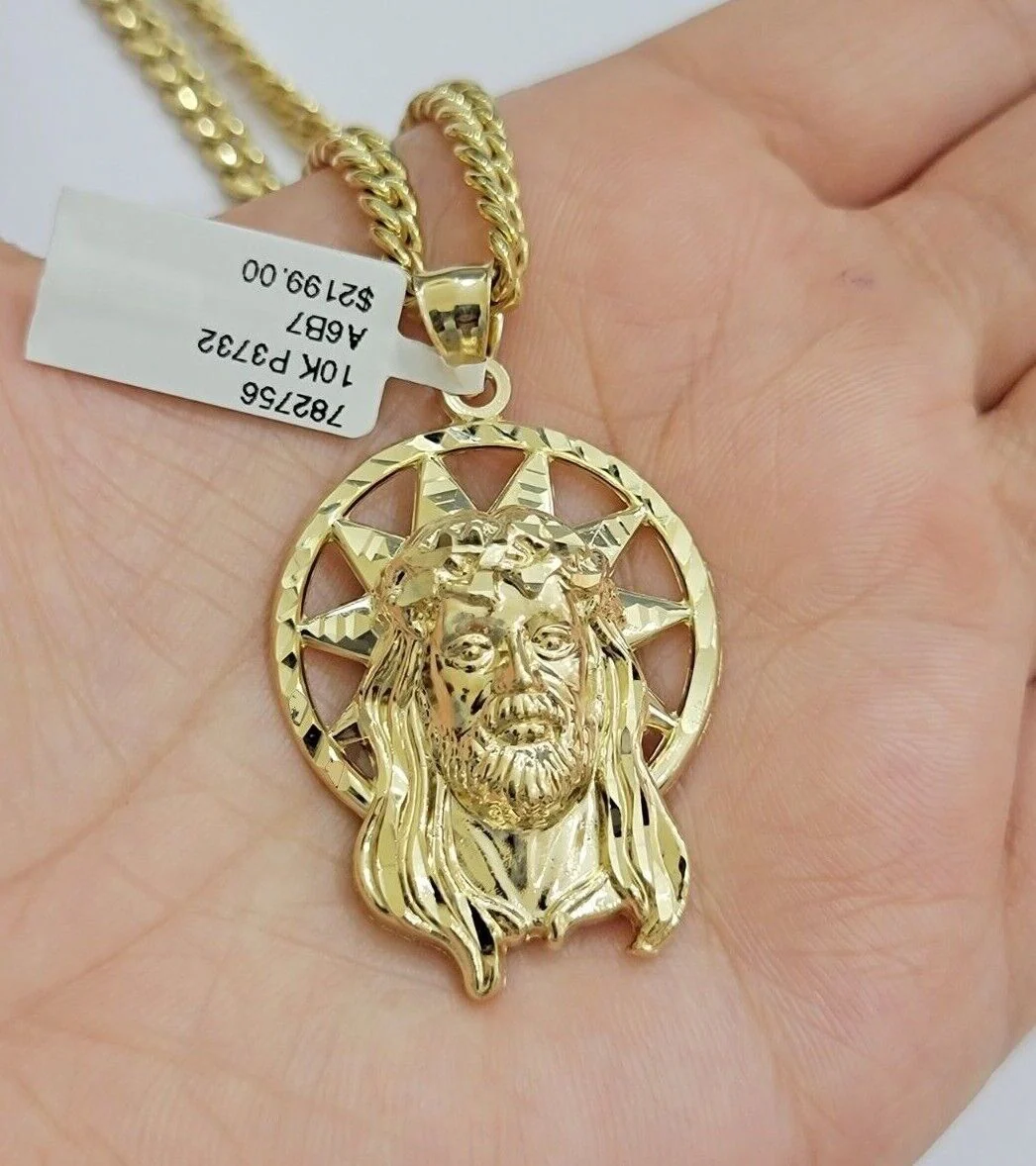 10kt Gold Miami Cuban Chain Jesus Head Charm Pendant Set 18-28 Inch 5mm Necklace - Image 14