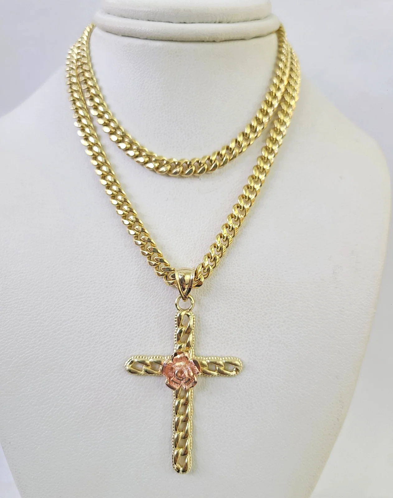 10kt Gold Miami Cuban Chain Jesus Rose Cross Charm Pendant 5mm 18"-28" Necklace